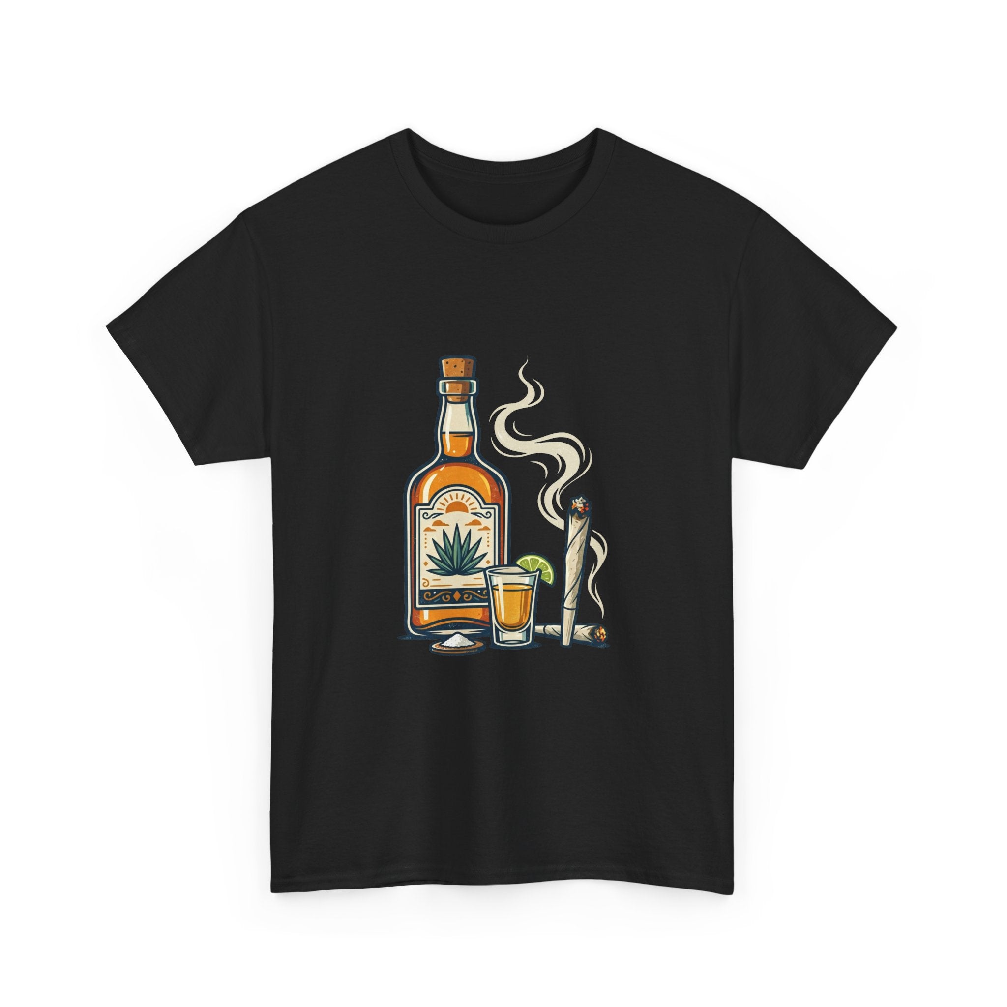 Tequila & Joint T-Shirt — Mexican Agave Bottle with Shot Glass and Joint Graphic
