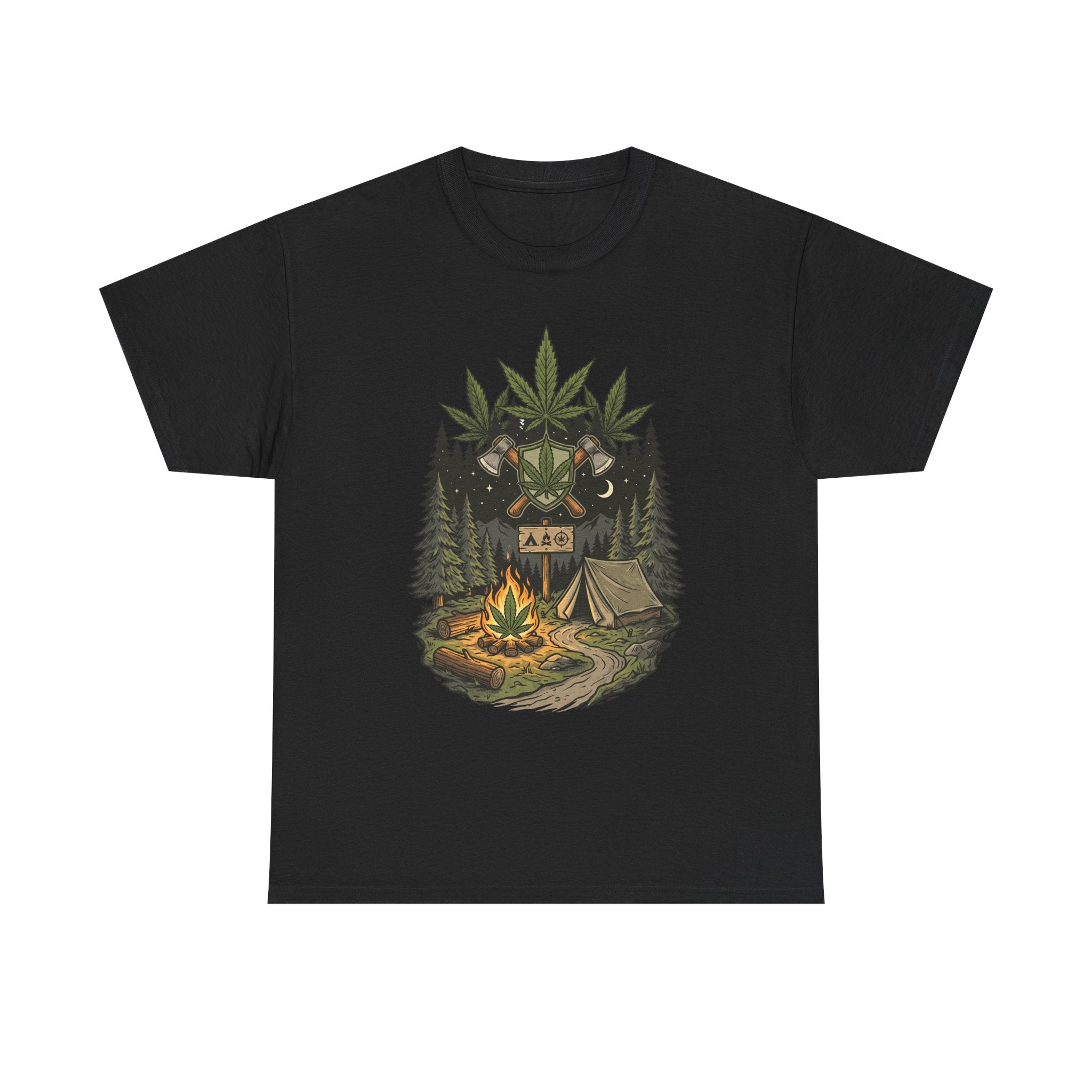 Camping Bear Graphic Tee — Forest Campfire & Leaf Emblem T-Shirt
