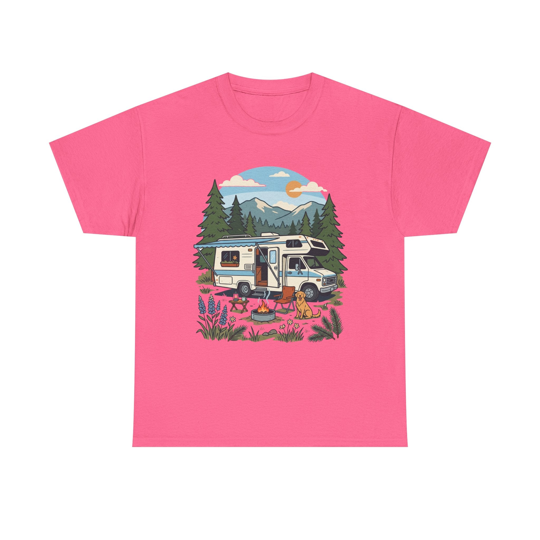 Camper Van Camping T‑Shirt — Retro RV Campfire Graphic Tee for Outdoors Lovers