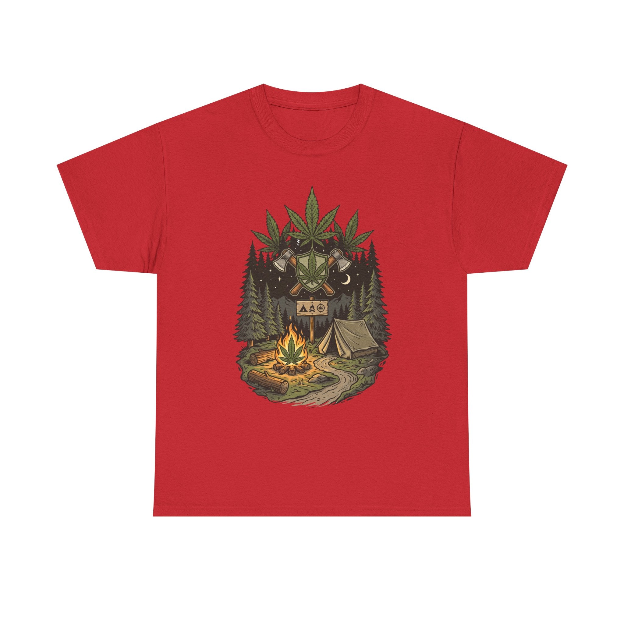 Camping Bear Graphic Tee — Forest Campfire & Leaf Emblem T-Shirt