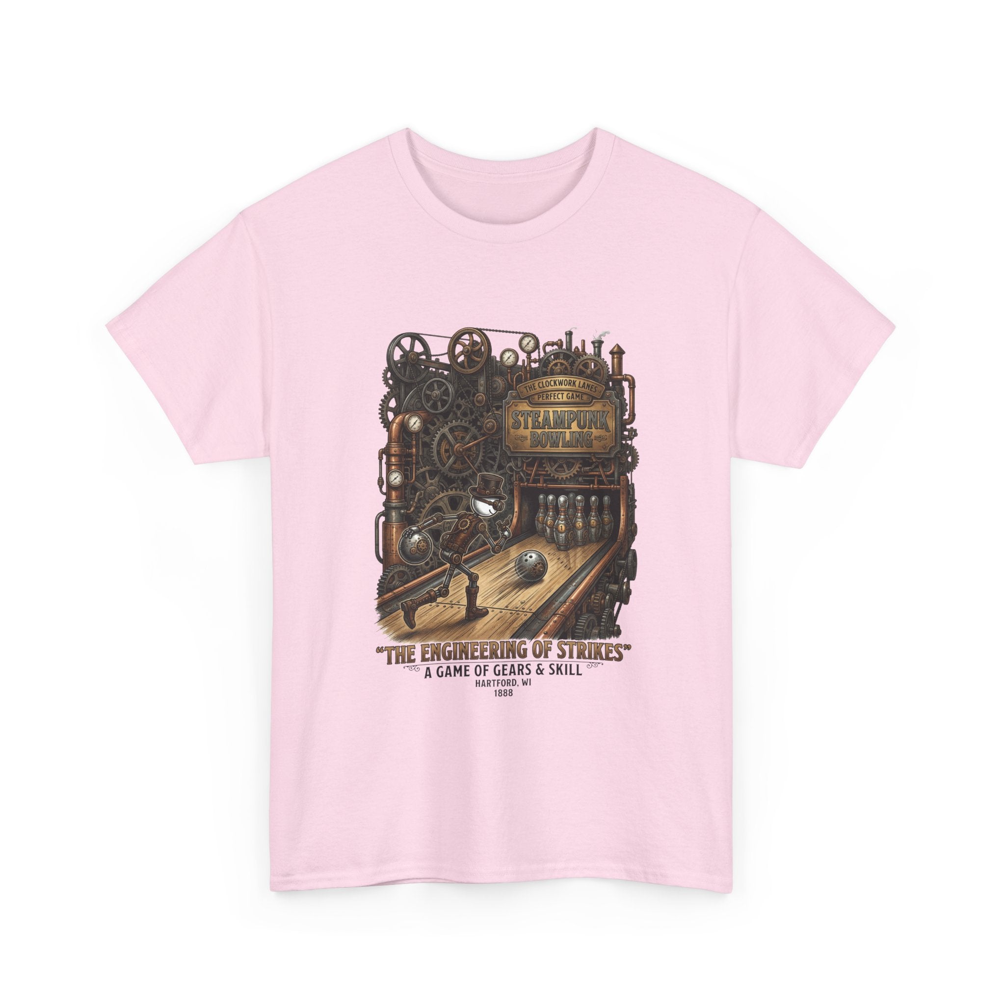Steampunk Bowling T-Shirt — "The Engineering of Strikes" Vintage Gears Design