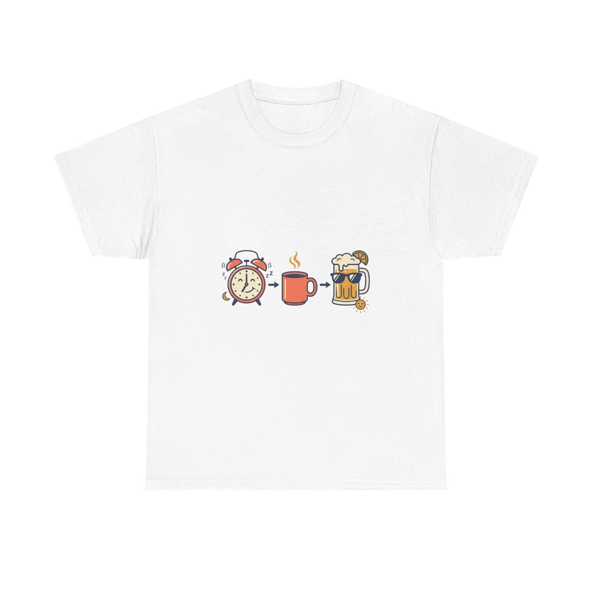 Day Drinking Tee — Alarm, Coffee & Beer Cute Icon Trio Graphic Shirt