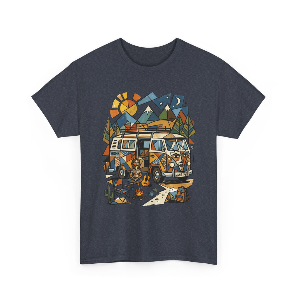 Adventure Van Camping T-Shirt — Retro Camper Van, Mountains & Campfire Graphic Tee