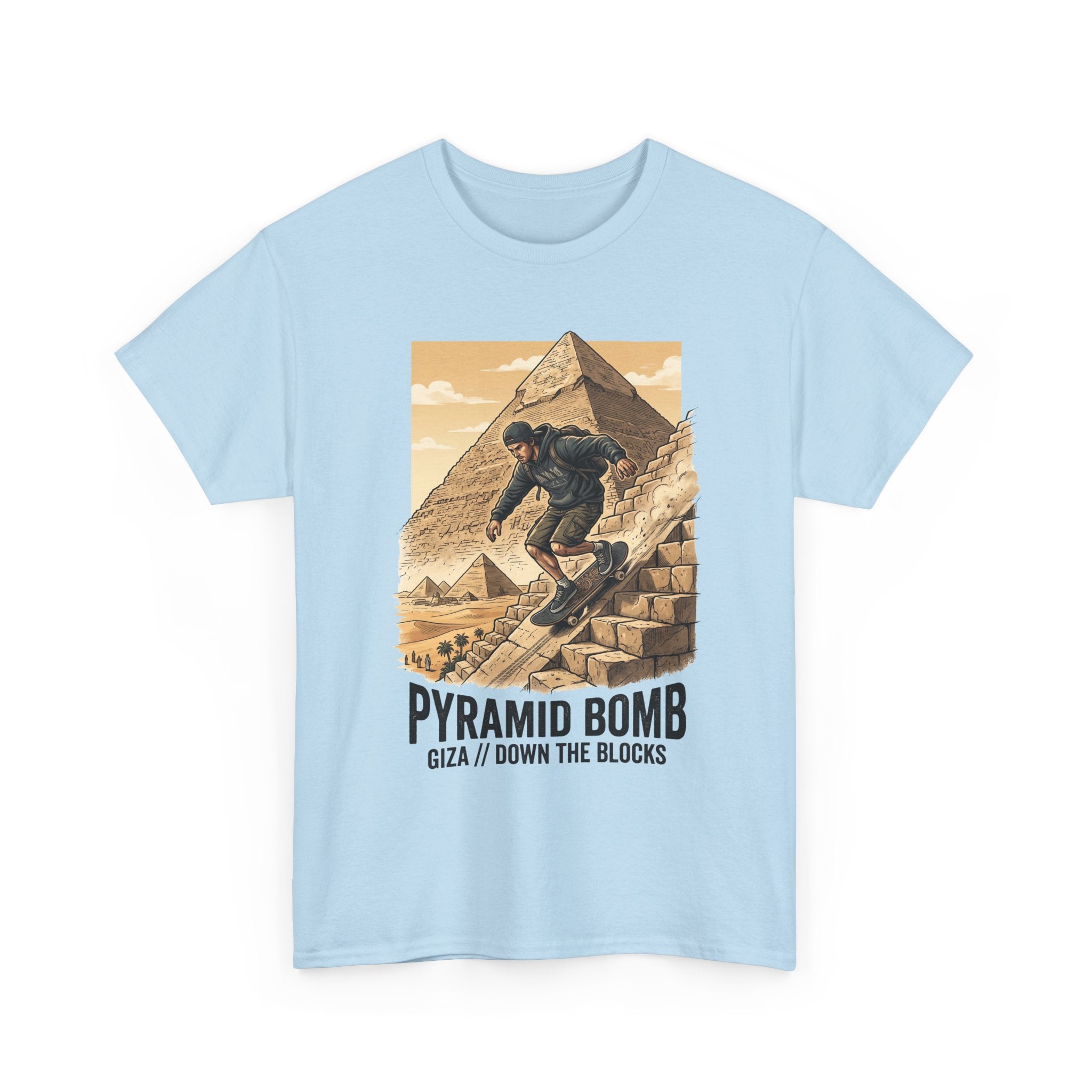 Pyramid Bomb Skateboarding T-Shirt — "Pyramid Bomb: Giza / Down The Blocks" Vintage Skate Tee
