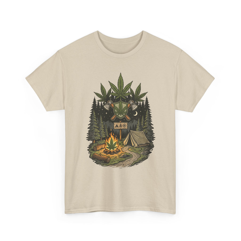 Camping Bear Graphic Tee — Forest Campfire & Leaf Emblem T-Shirt