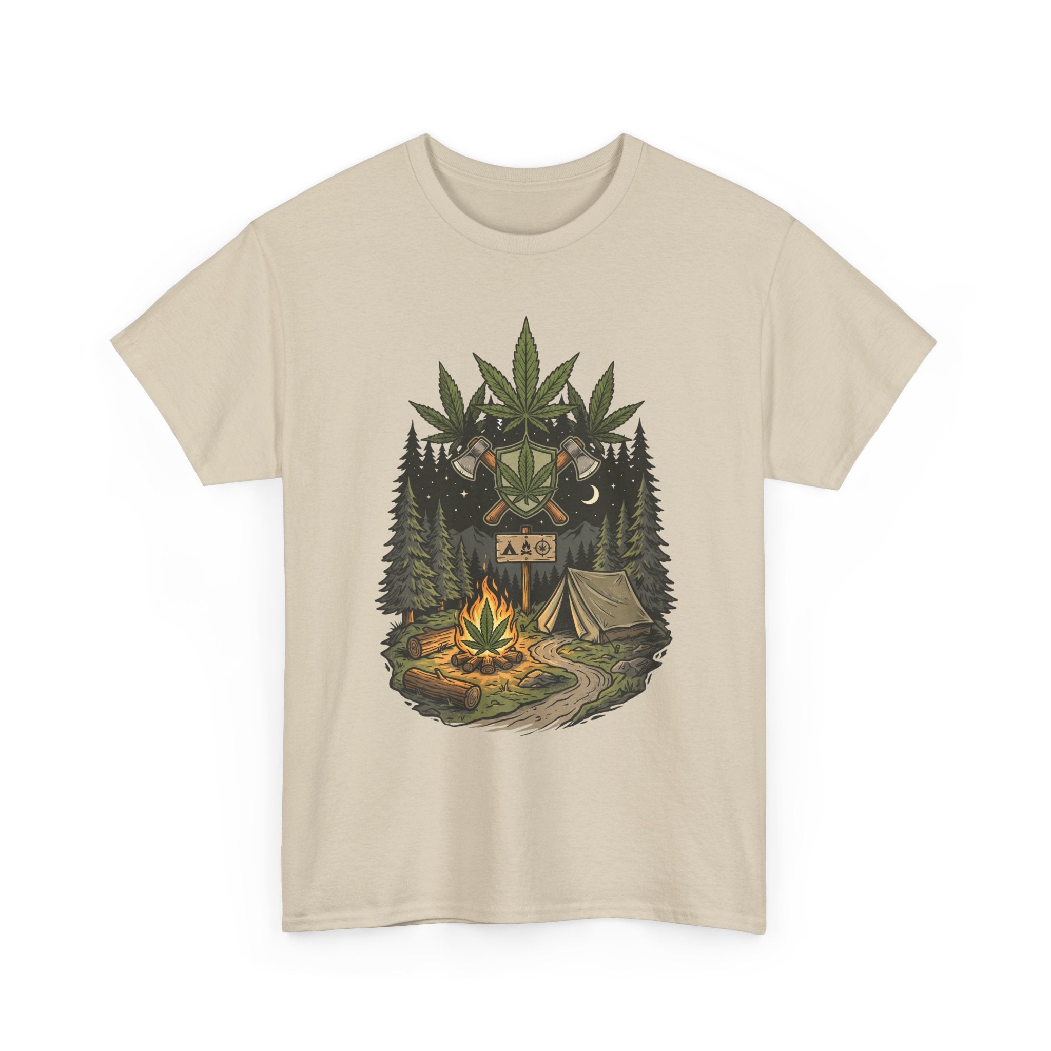 Camping Bear Graphic Tee — Forest Campfire & Leaf Emblem T-Shirt