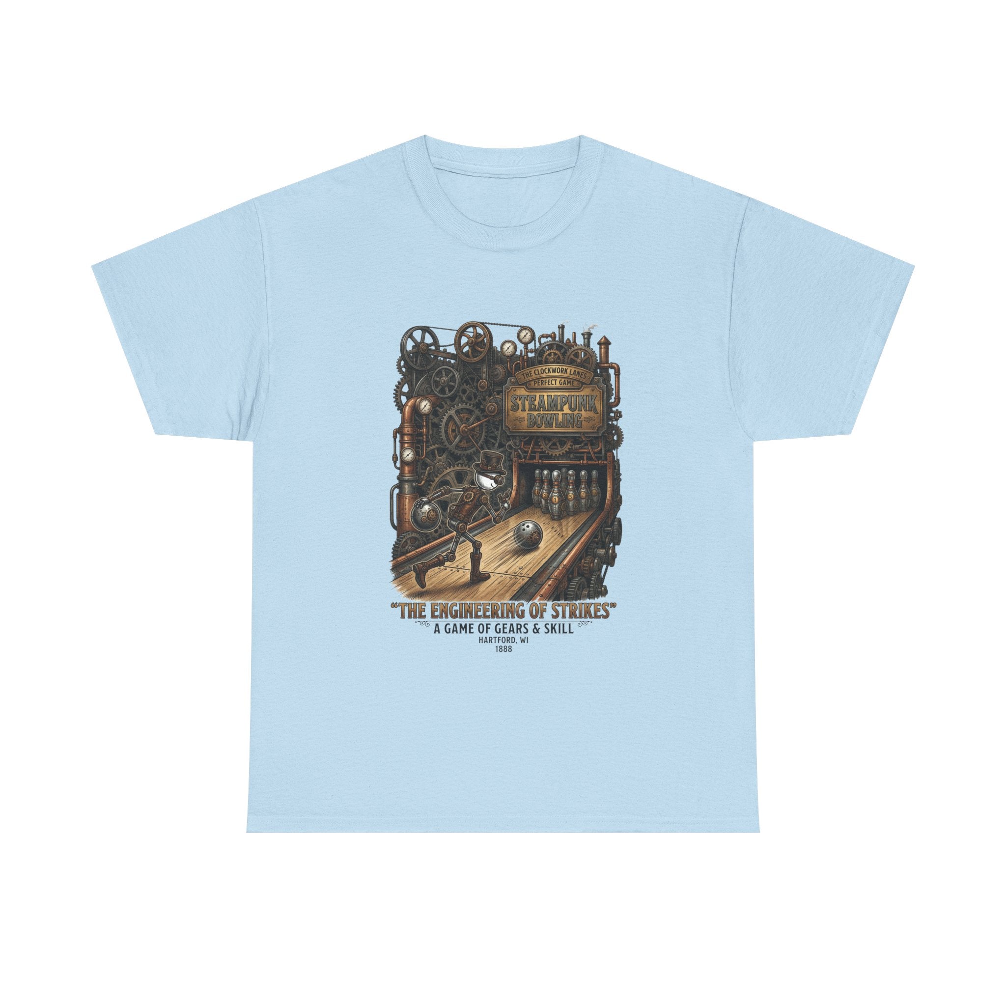Steampunk Bowling T-Shirt — "The Engineering of Strikes" Vintage Gears Design