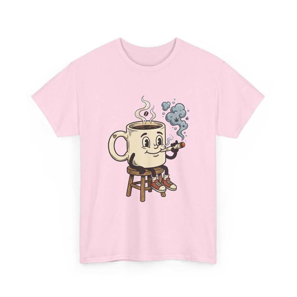 Coffee and a joint Character Tee — Retro Smiling Cup Smoking weed Graphic T-Shirt