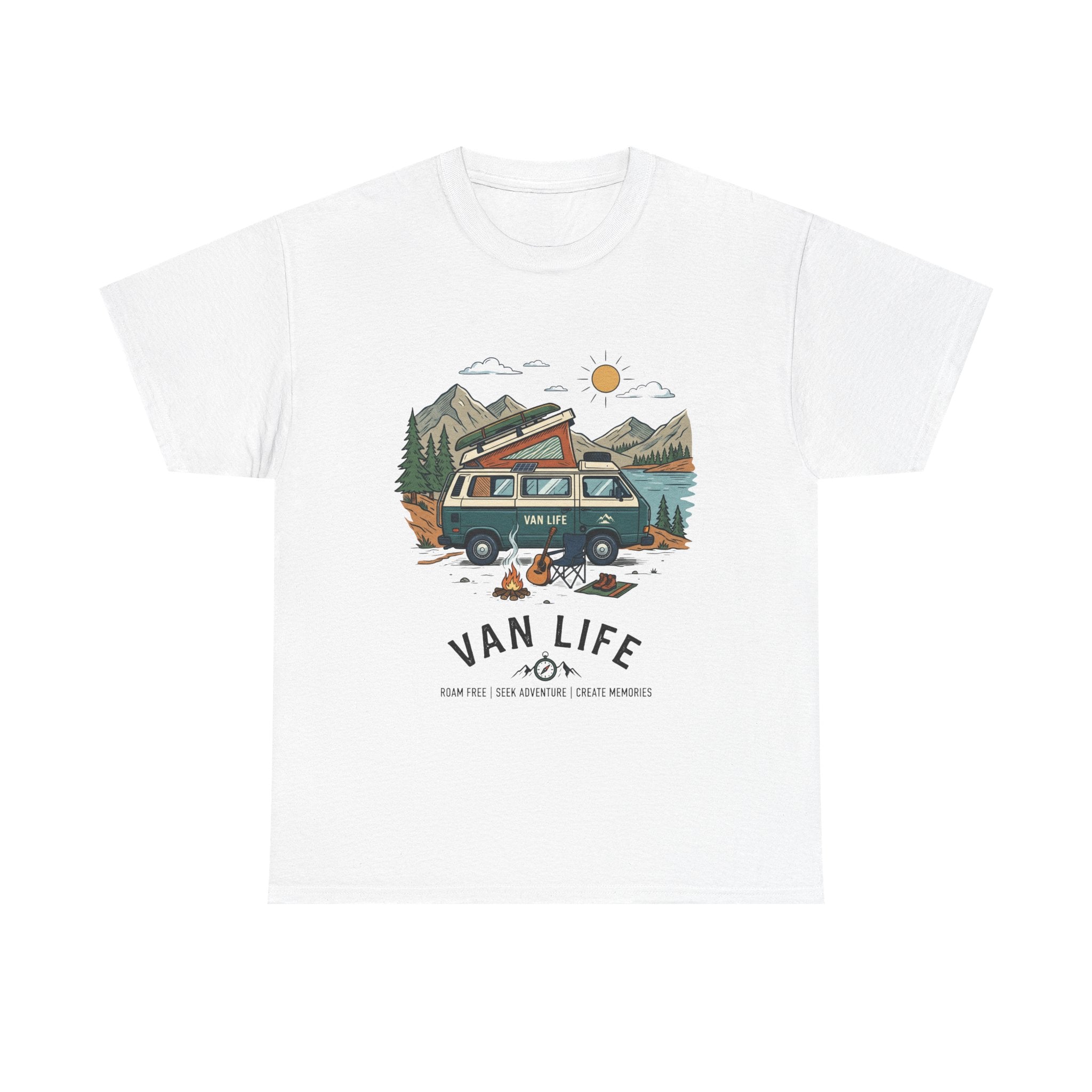 Van Life Camper T-Shirt — Retro Adventure Tee with Campfire Graphic