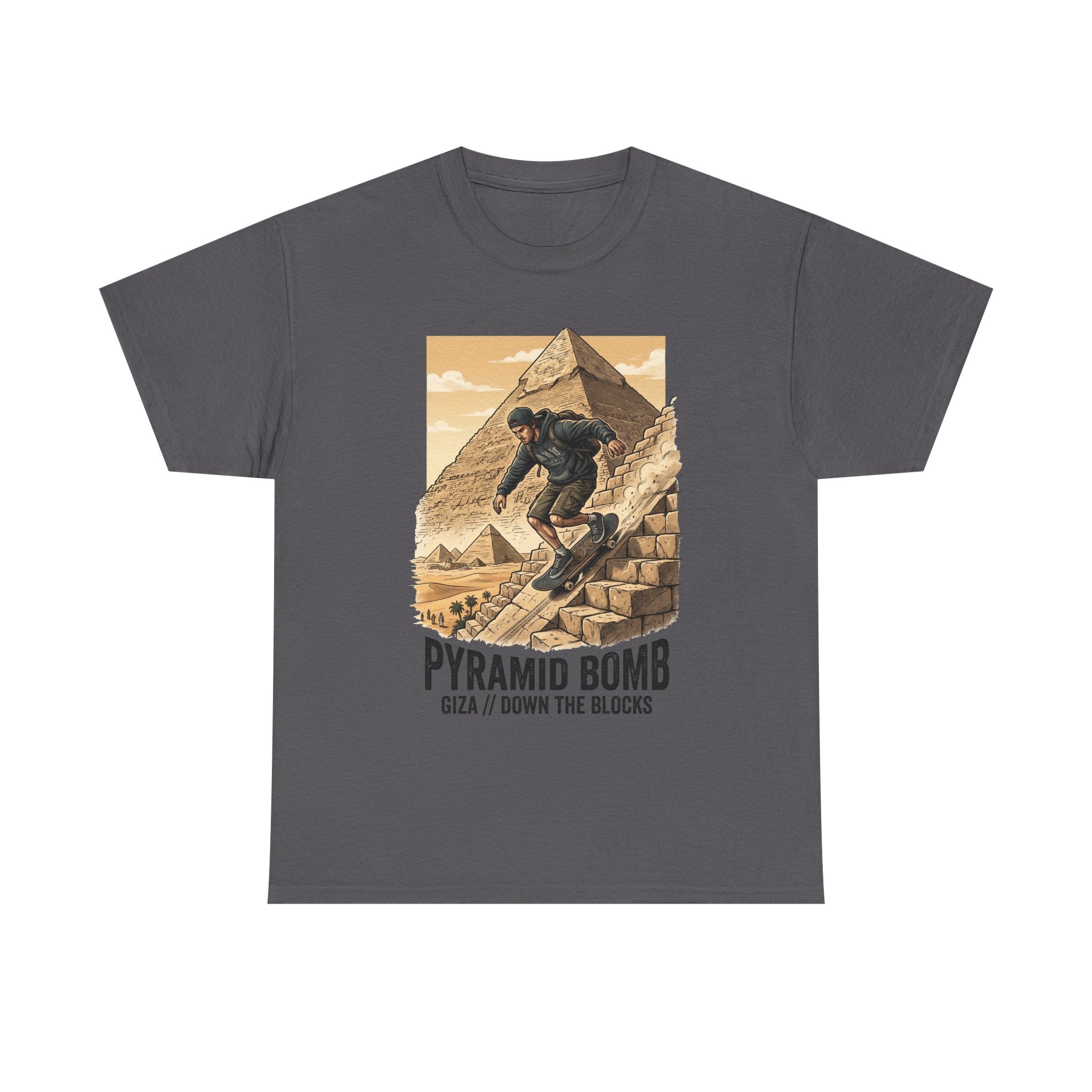 Pyramid Bomb Skateboarding T-Shirt — "Pyramid Bomb: Giza / Down The Blocks" Vintage Skate Tee