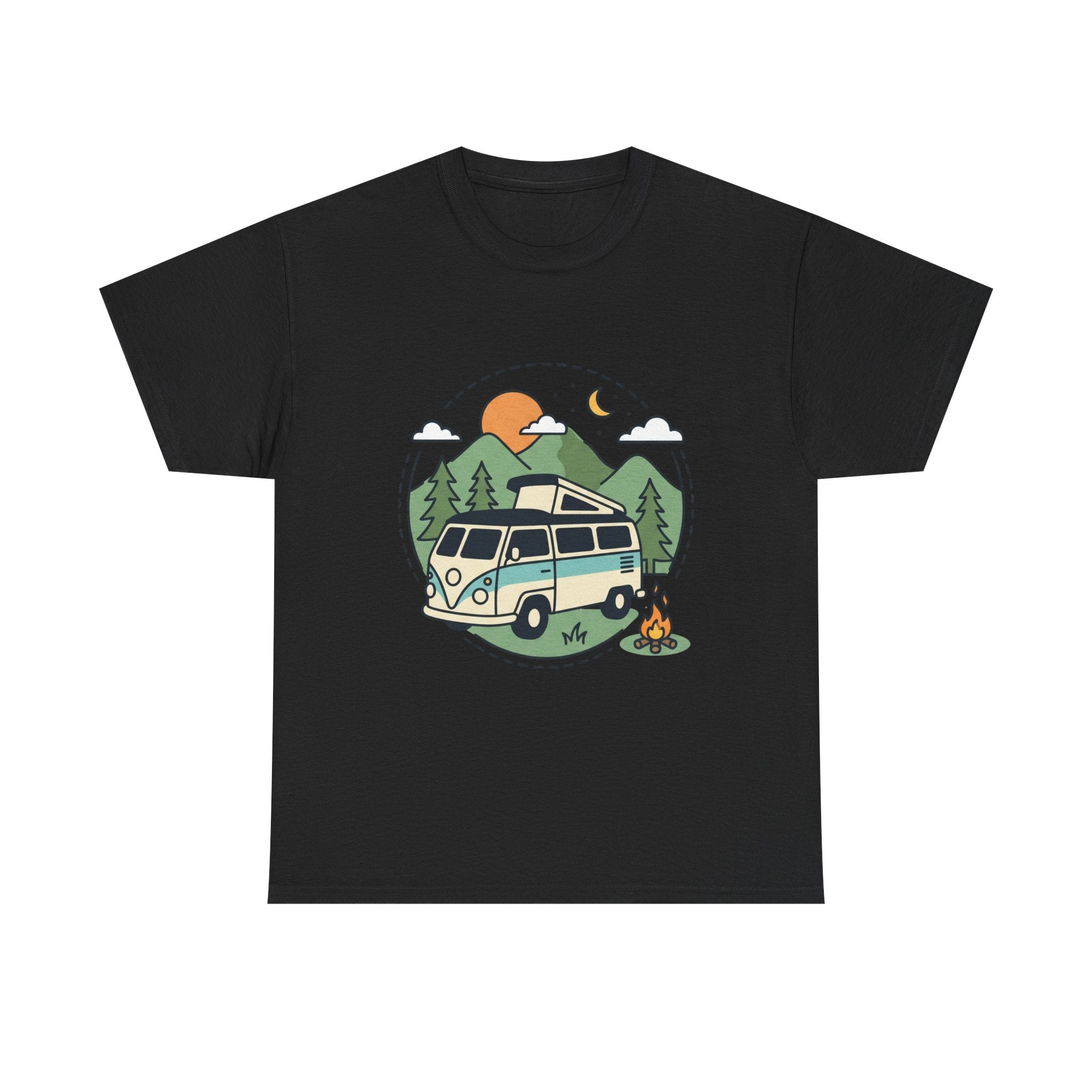 Camper Van Camping T‑Shirt — Retro Van, Mountains & Campfire Tee