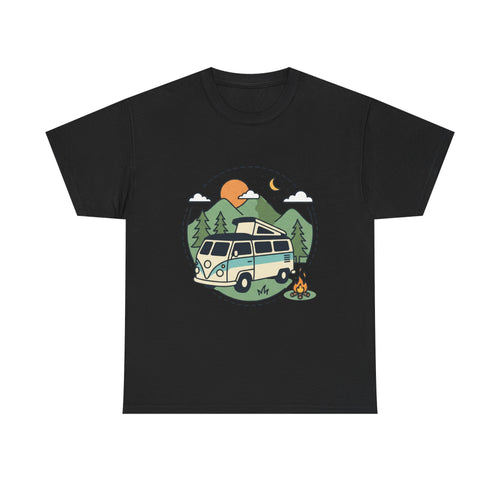 Camper Van Camping T‑Shirt — Retro Van, Mountains & Campfire Tee