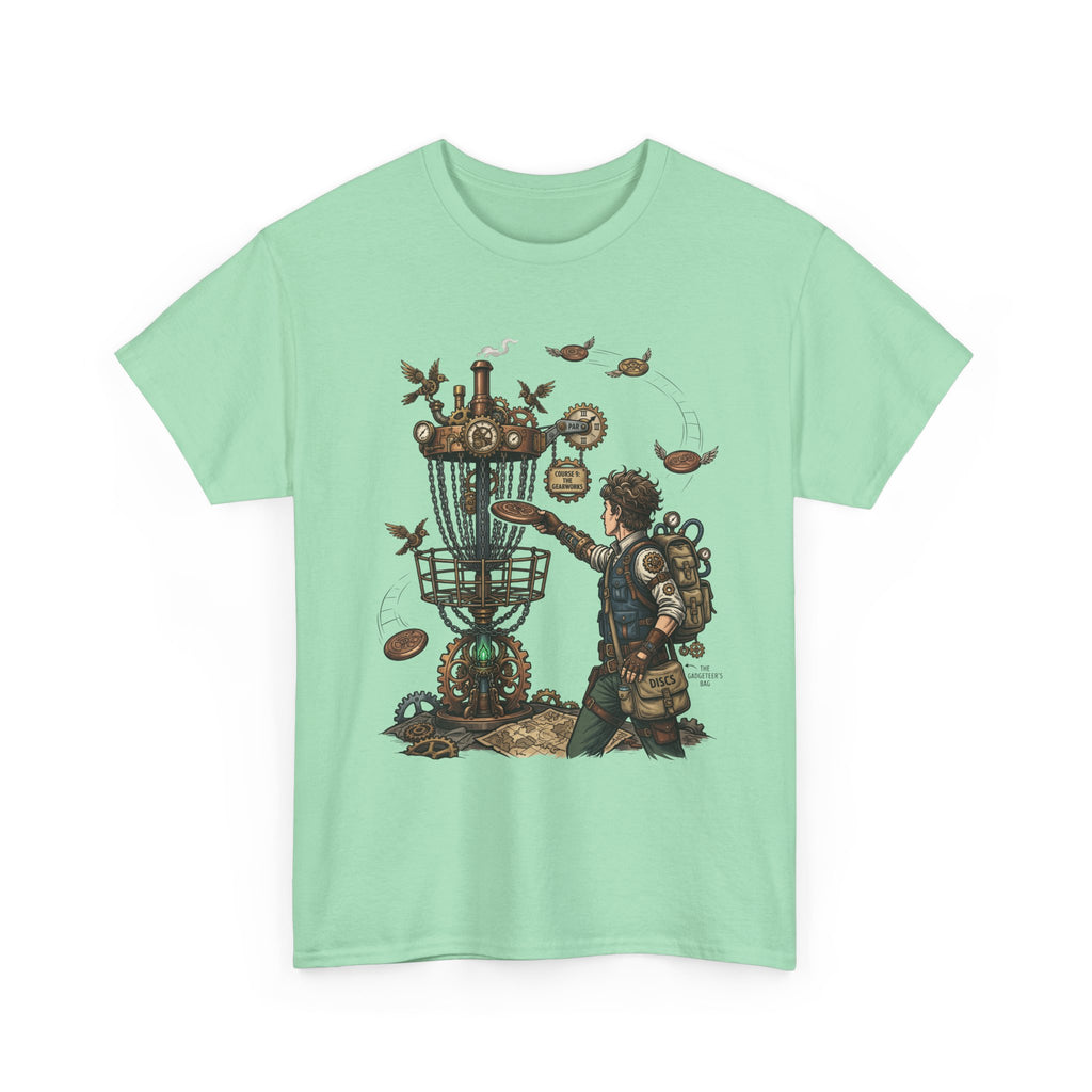 Disc Golf Adventure T‑Shirt — Steampunk Player & Birdie Basket Graphic Tee