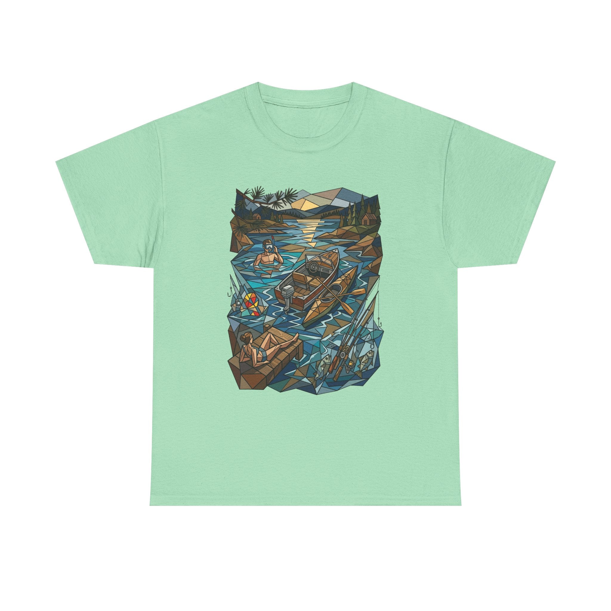 Fishing River Scene T-Shirt — Scenic Canoe & Rowboat Lake Outdoor Adventure Tee