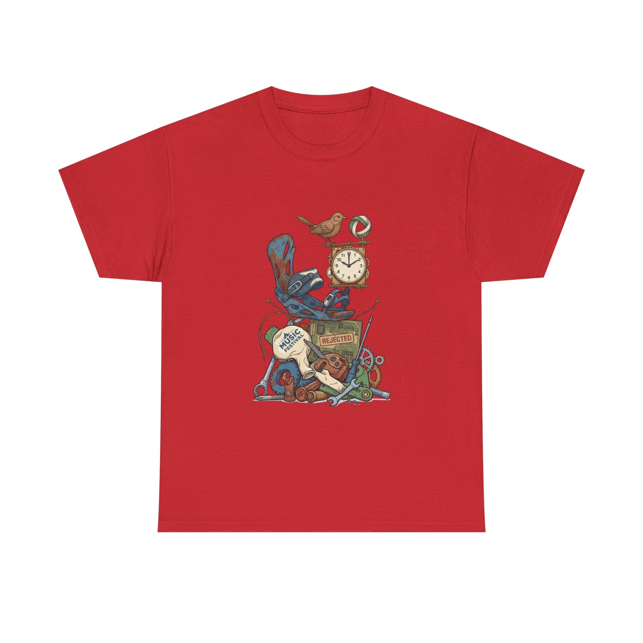 Vintage Hobbies Stack T-Shirt — Retro Clock, Guitar & Tools Illustration