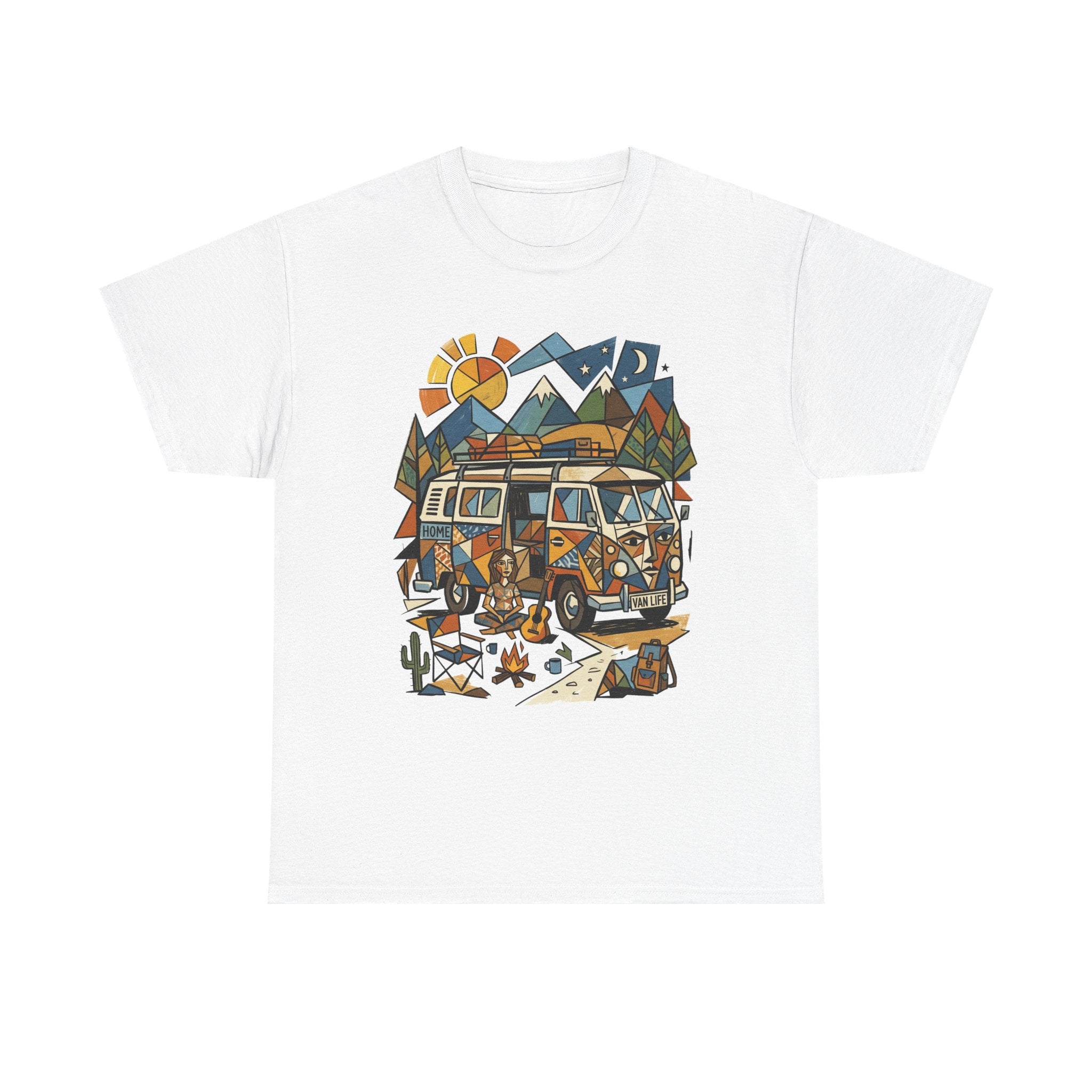 Adventure Van Camping T-Shirt — Retro Camper Van, Mountains & Campfire Graphic Tee