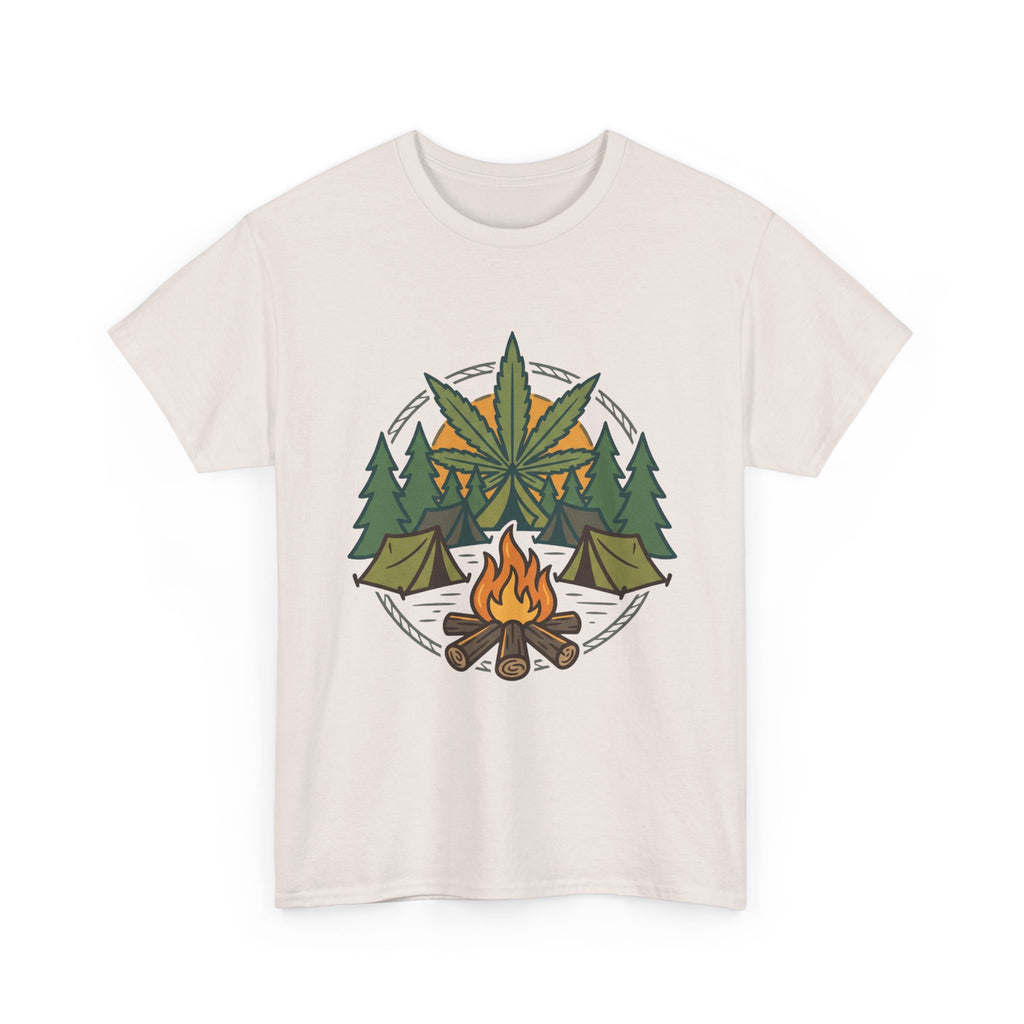 Camping Cannabis T‑Shirt – Outdoorsy Weed Leaf Campfire Graphic Tee