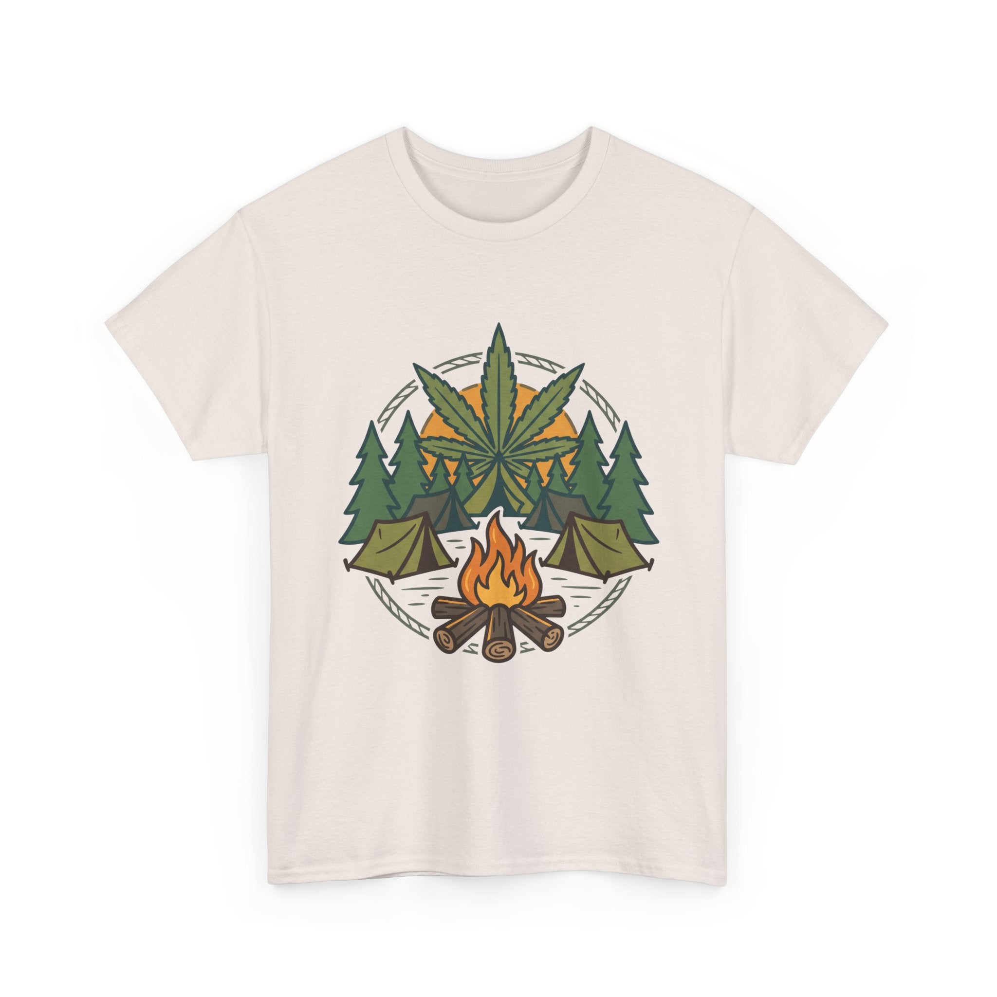 Camping Cannabis T‑Shirt – Outdoorsy Weed Leaf Campfire Graphic Tee