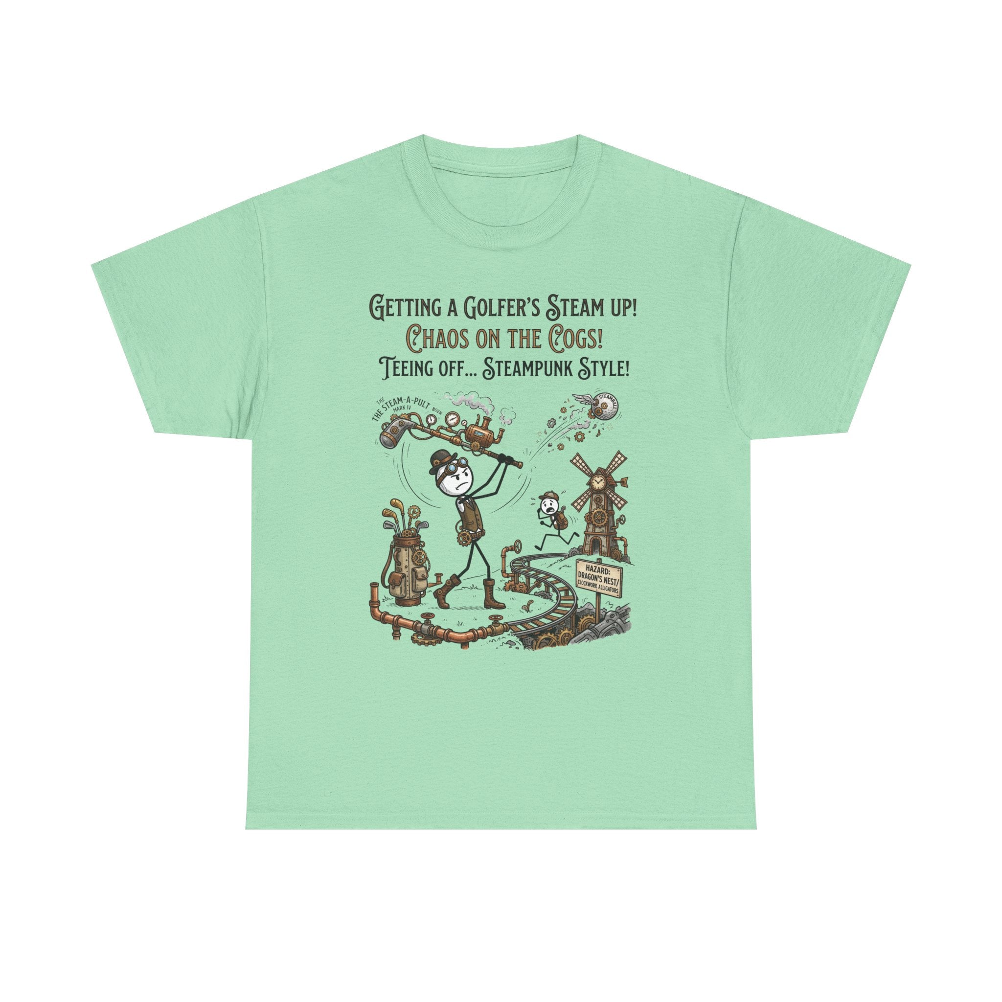 Steampunk Golf T-Shirt - "Getting a Golfer's Steam Up! Chaos on the Cogs" Graphic Tee