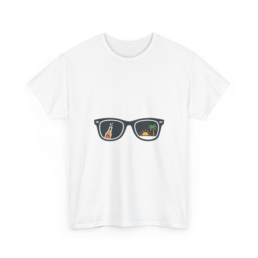 Sunglasses Reflection Tee — Tropical Beach & Palm Drink Graphic T-Shirt