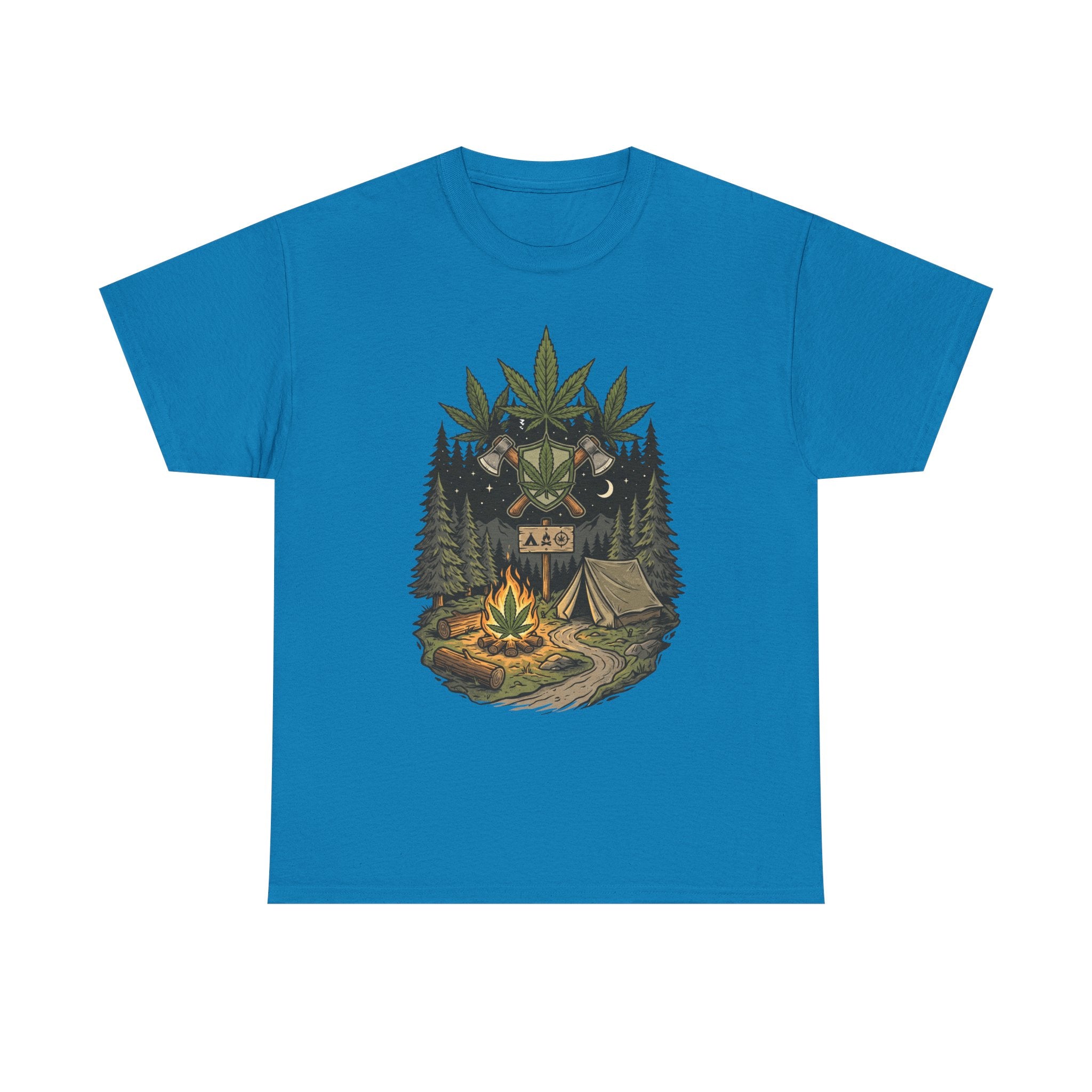 Camping Bear Graphic Tee — Forest Campfire & Leaf Emblem T-Shirt