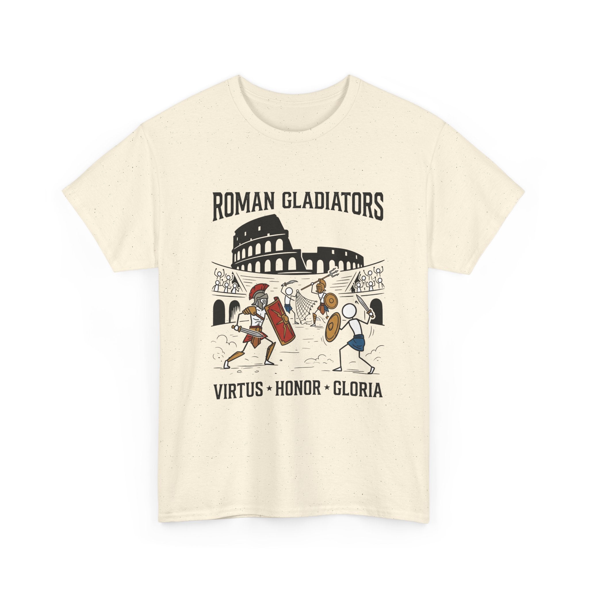 Roman Gladiators T-Shirt — Colosseum Design with "Virtus • Honor • Gloria"