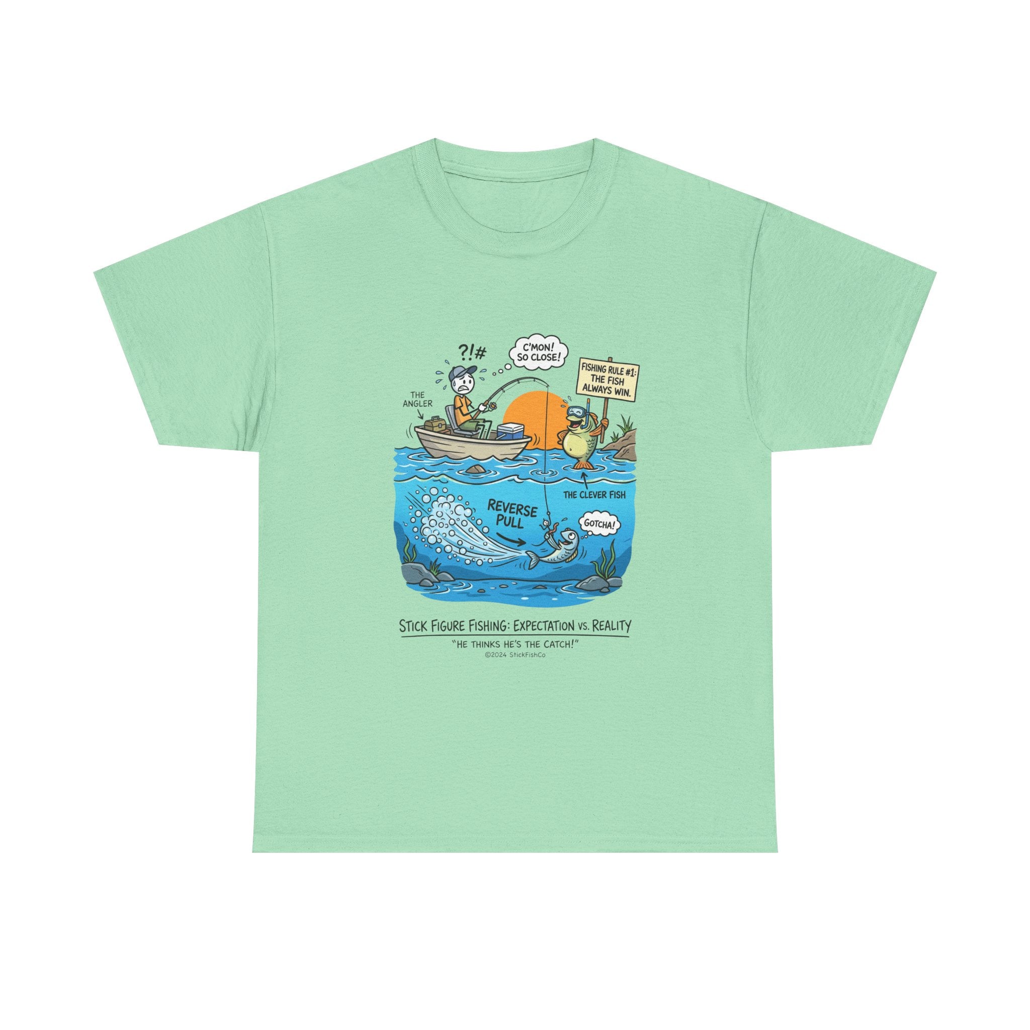 Fishing Cartoon T-Shirt — 'Reverse Take' Sunset Boating Tee