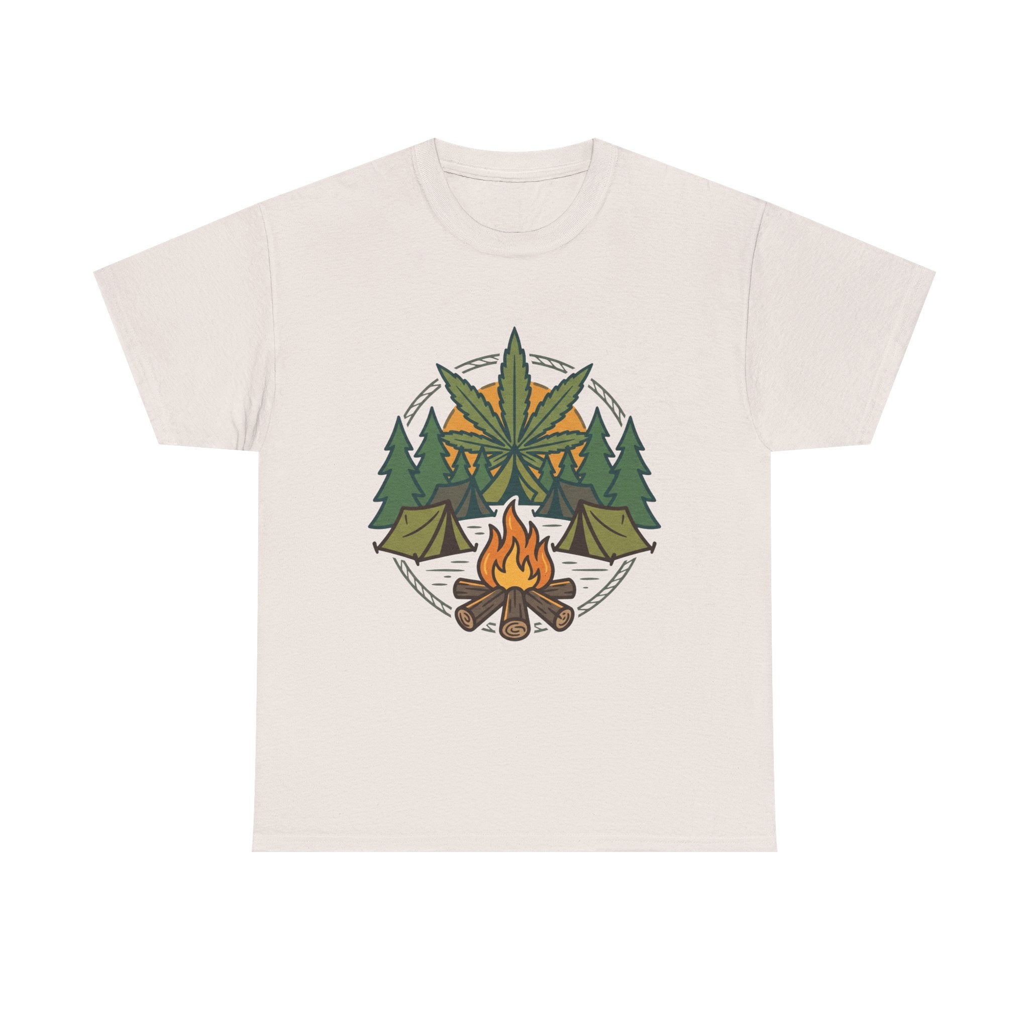 Camping Cannabis T‑Shirt – Outdoorsy Weed Leaf Campfire Graphic Tee