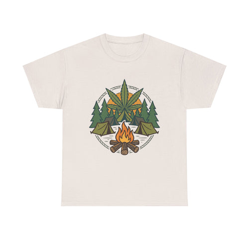 Camping Cannabis T‑Shirt – Outdoorsy Weed Leaf Campfire Graphic Tee