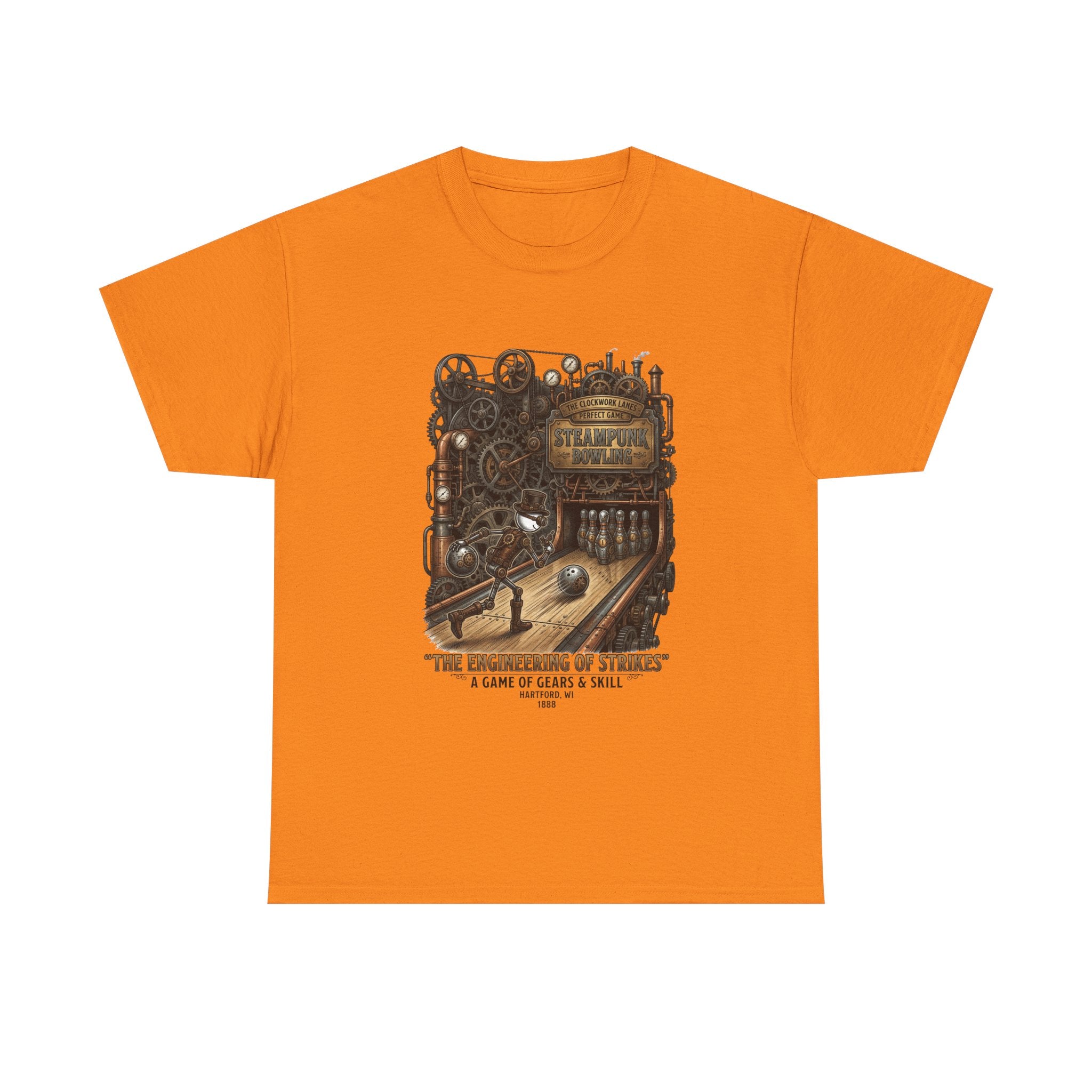 Steampunk Bowling T-Shirt — "The Engineering of Strikes" Vintage Gears Design