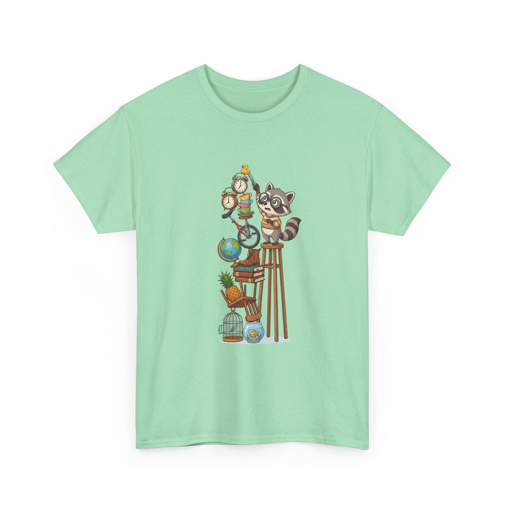 Raccoon & Curiosity Shelf T‑Shirt — Cute Scientist Animal Stack Graphic Tee