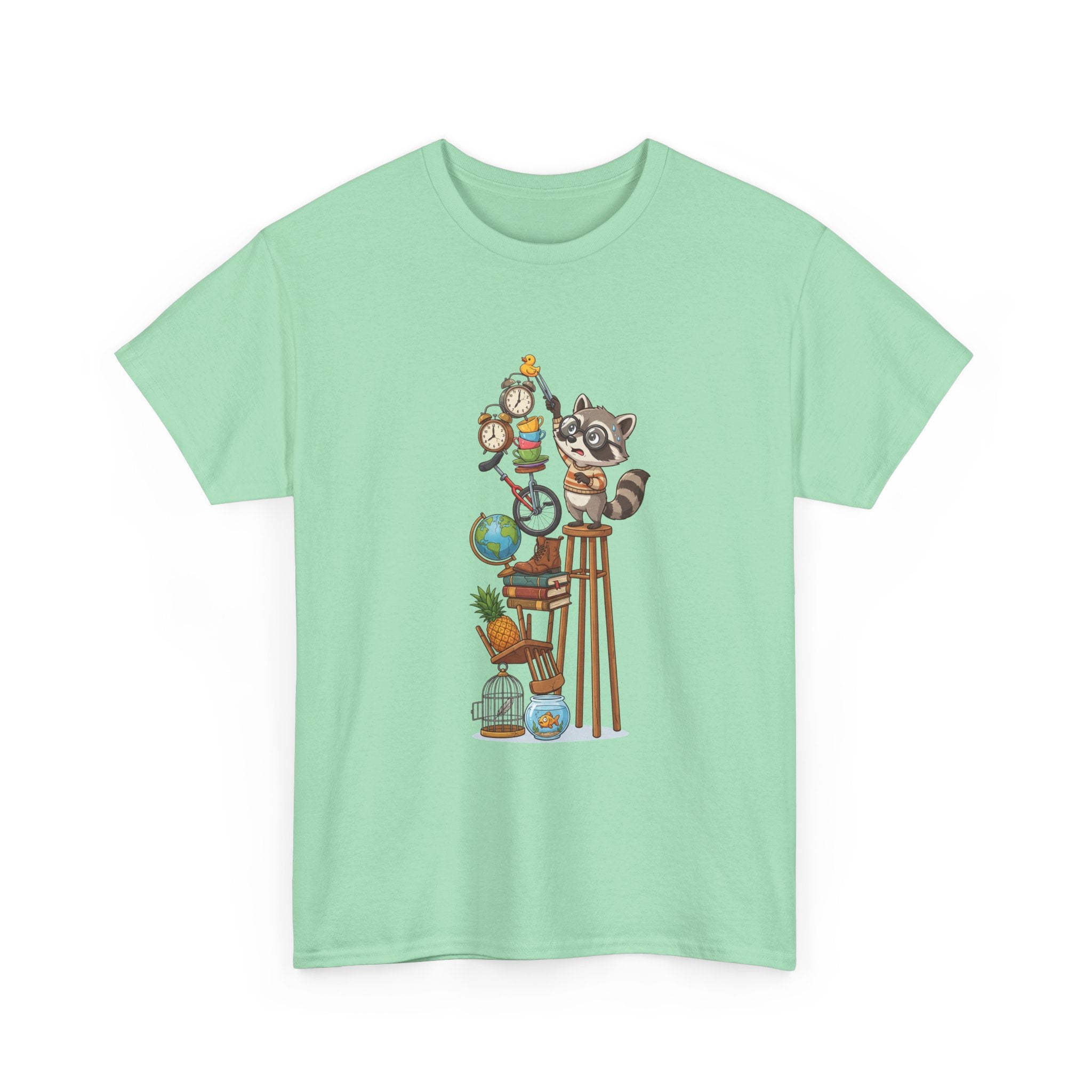 Raccoon & Curiosity Shelf T‑Shirt — Cute Scientist Animal Stack Graphic Tee