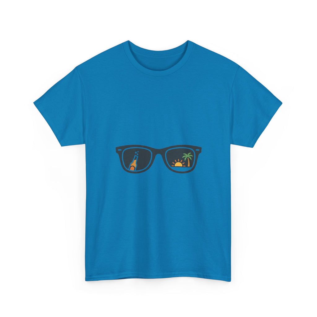 Sunglasses Reflection Tee — Tropical Beach & Palm Drink Graphic T-Shirt