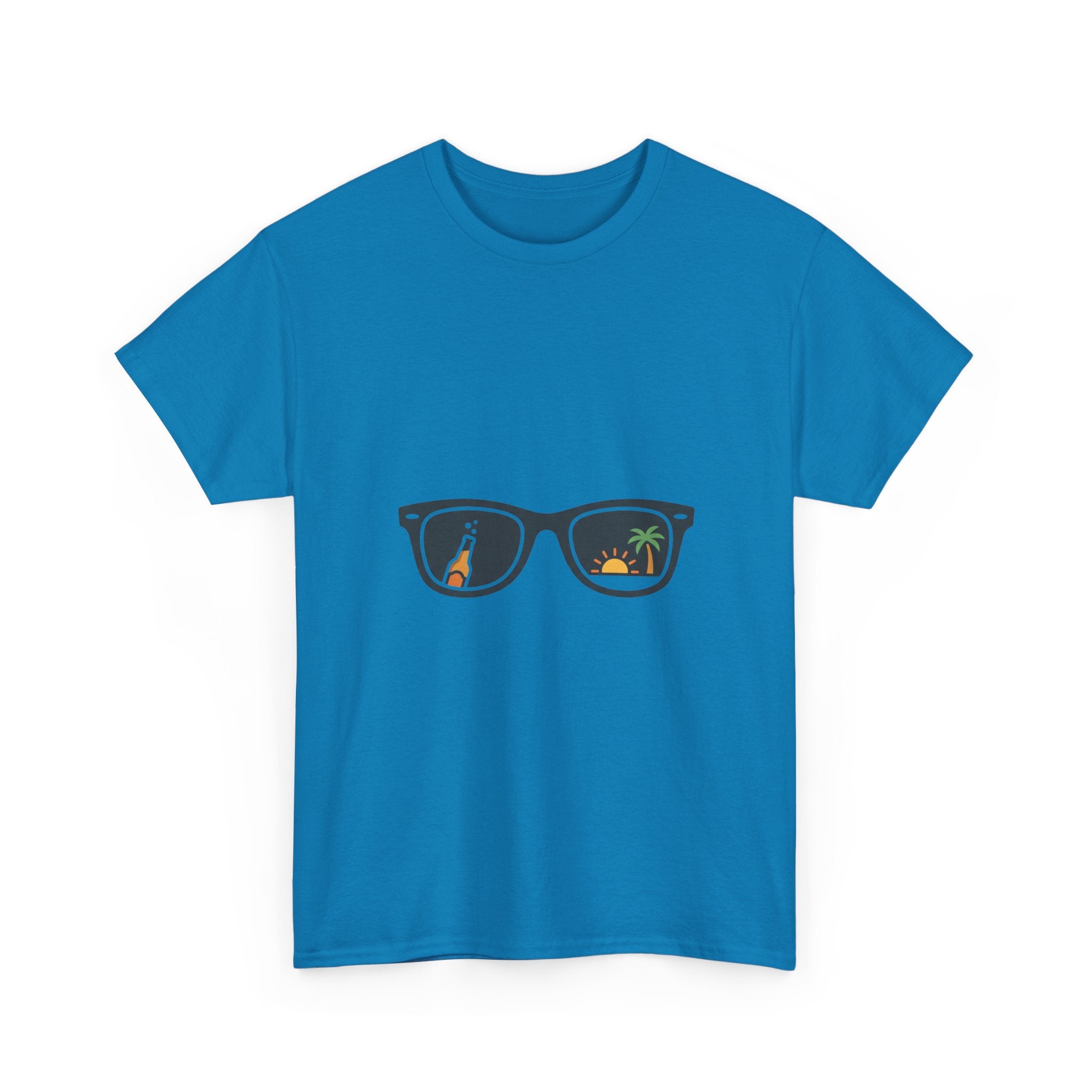 Sunglasses Reflection Tee — Tropical Beach & Palm Drink Graphic T-Shirt