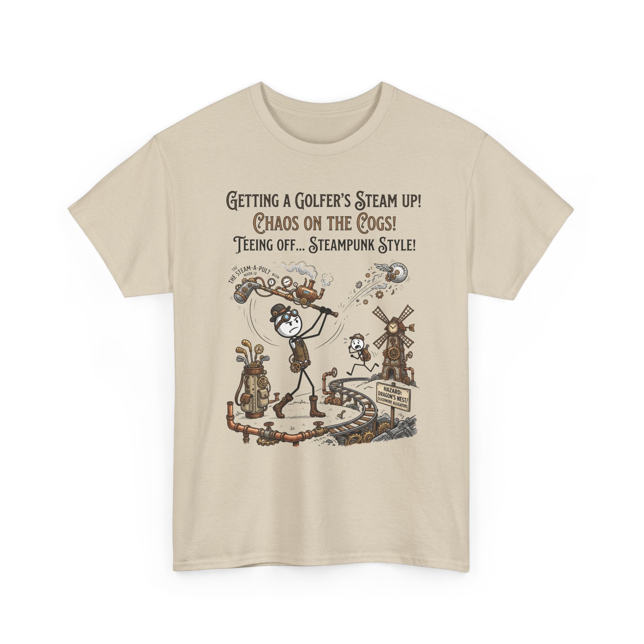 Steampunk Golf T-Shirt - "Getting a Golfer's Steam Up! Chaos on the Cogs" Graphic Tee