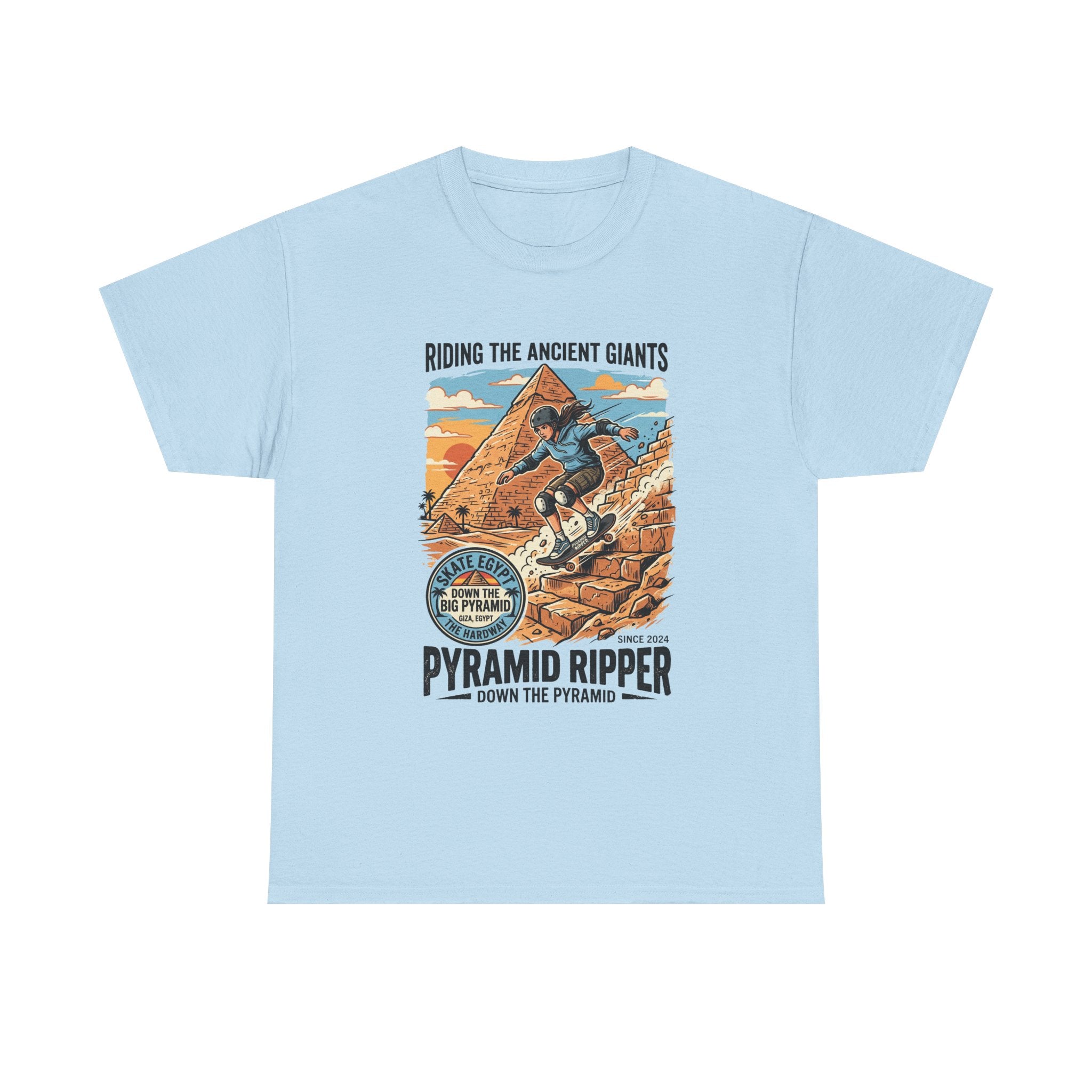 Pyramid Skateboarder T-Shirt — 'Riding the Ancient Giants' Vintage Surf Graphic