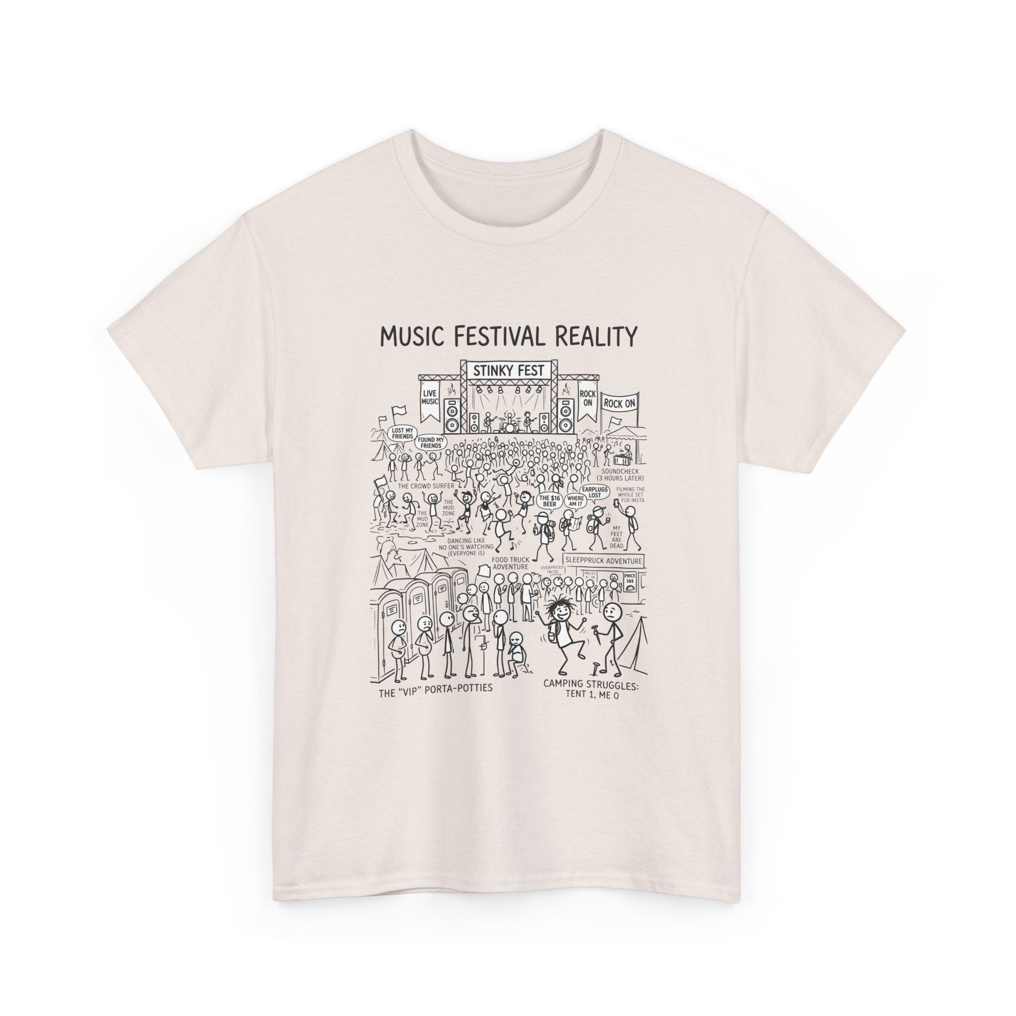 T-Shirt — "Music Festival Reality" Cartoon Illustration Tee