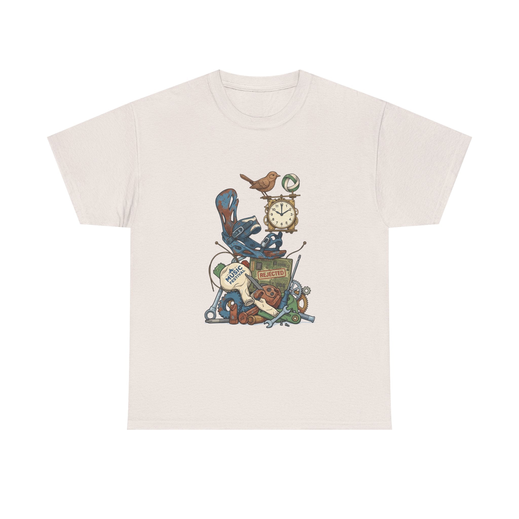 Vintage Hobbies Stack T-Shirt — Retro Clock, Guitar & Tools Illustration