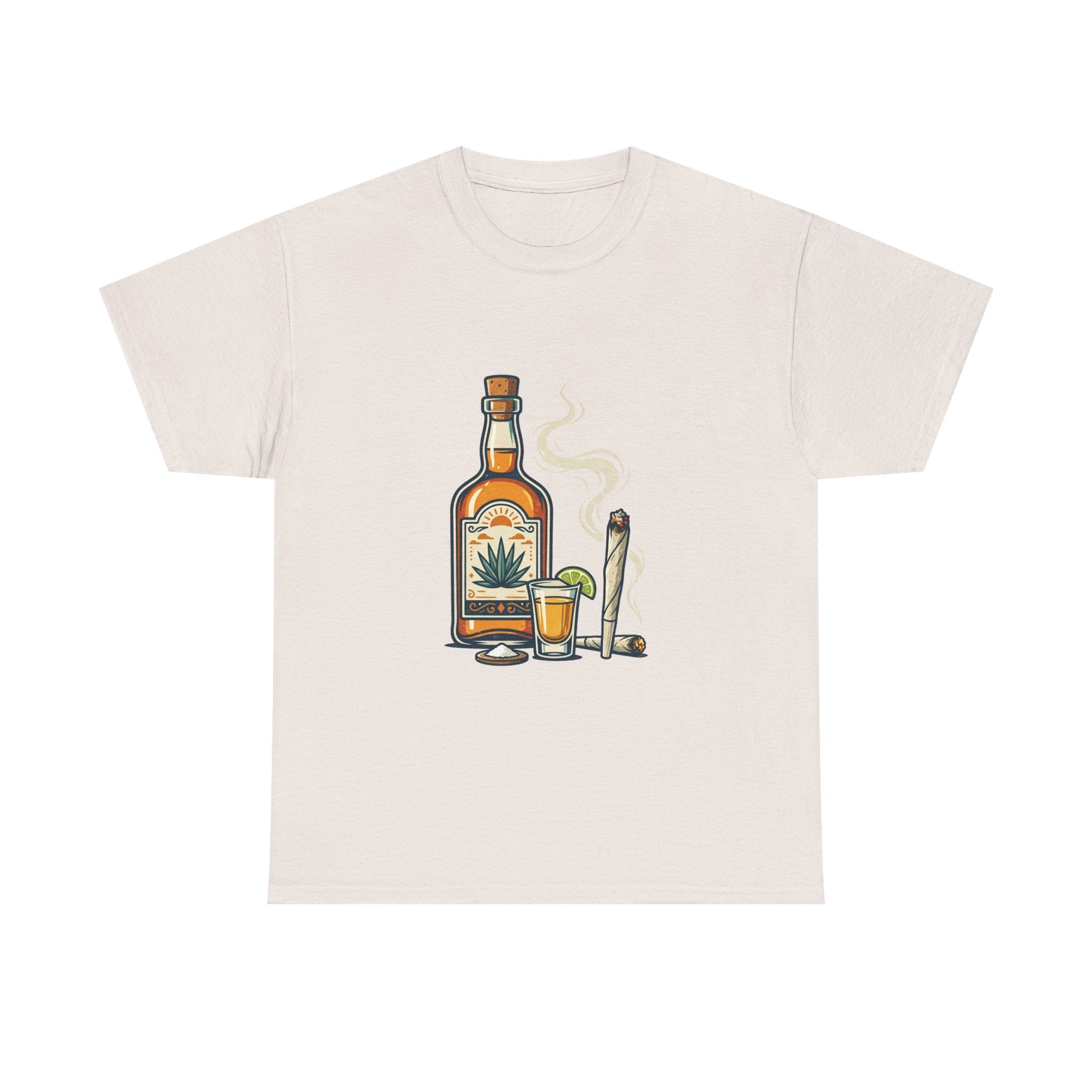 Tequila & Joint T-Shirt — Mexican Agave Bottle with Shot Glass and Joint Graphic
