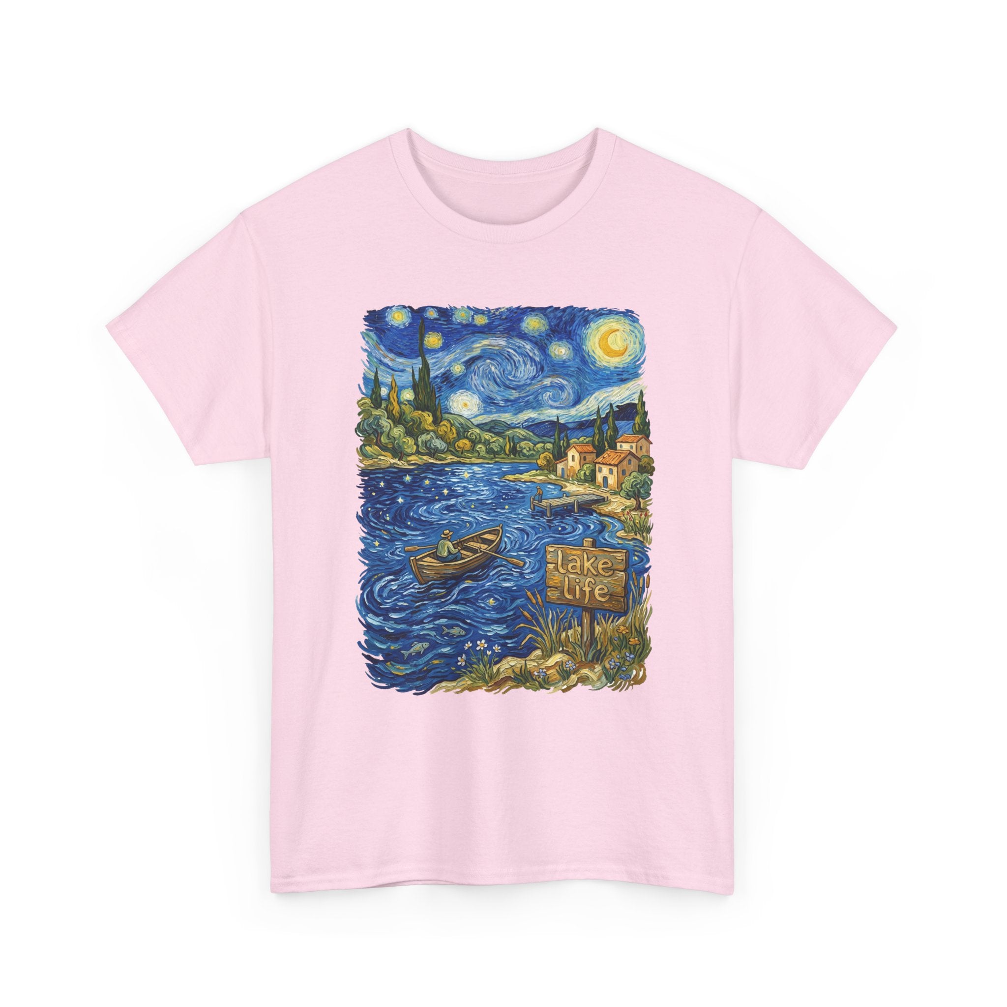 T-Shirt — Van Gogh Night Lake Art Tee (Boat on Starry Night)