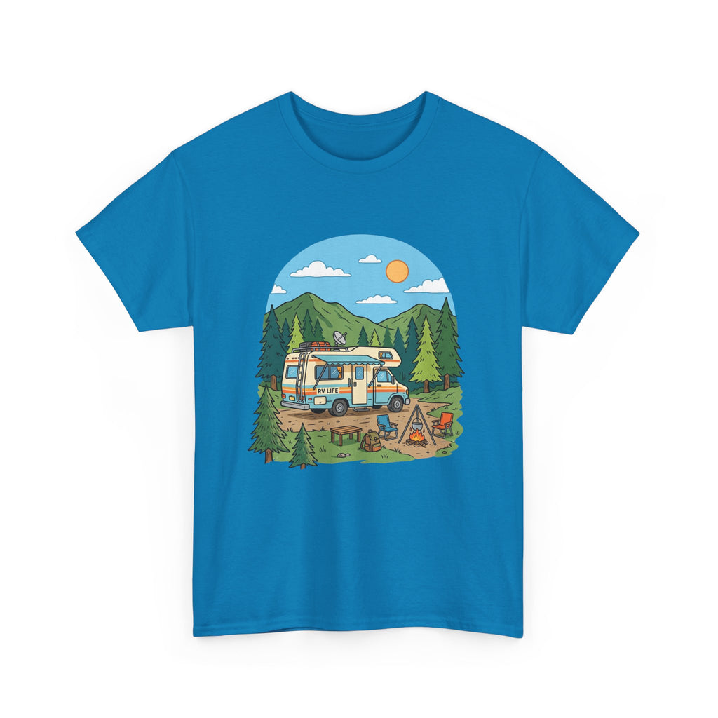 Camping Van Graphic Tee — Retro Camper Van & Campfire Outdoor Shirt