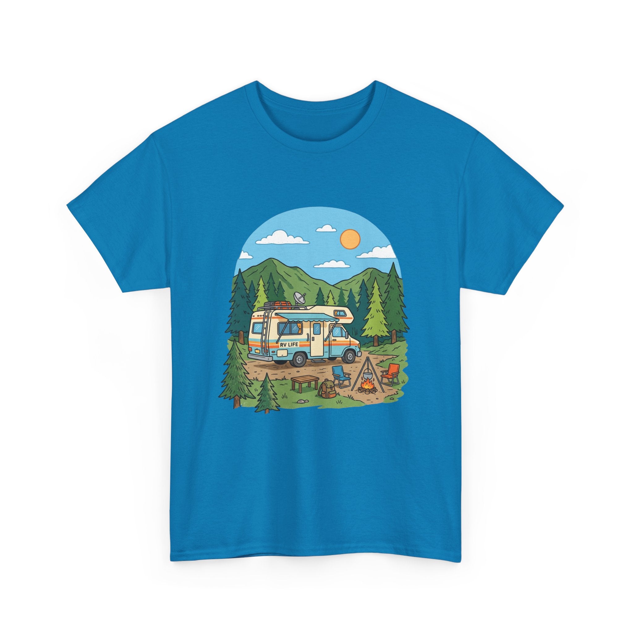 Camping Van Graphic Tee — Retro Camper Van & Campfire Outdoor Shirt