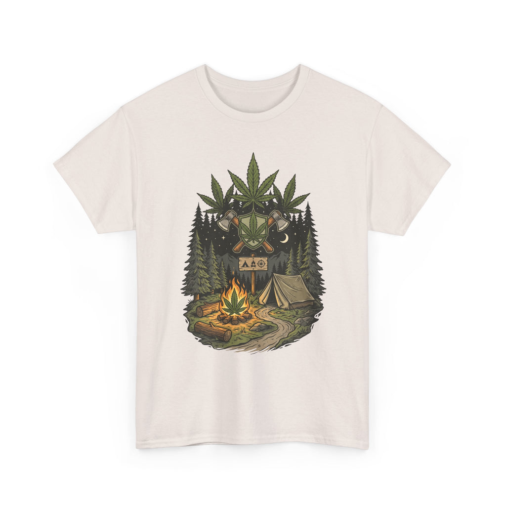 Camping Bear Graphic Tee — Forest Campfire & Leaf Emblem T-Shirt
