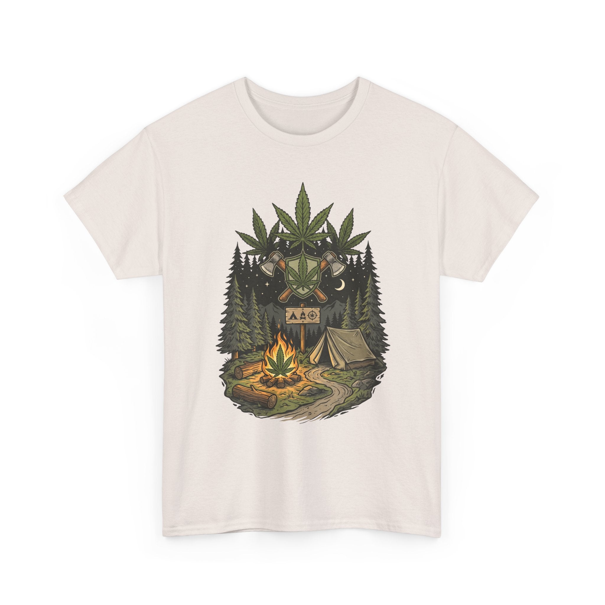 Camping Bear Graphic Tee — Forest Campfire & Leaf Emblem T-Shirt