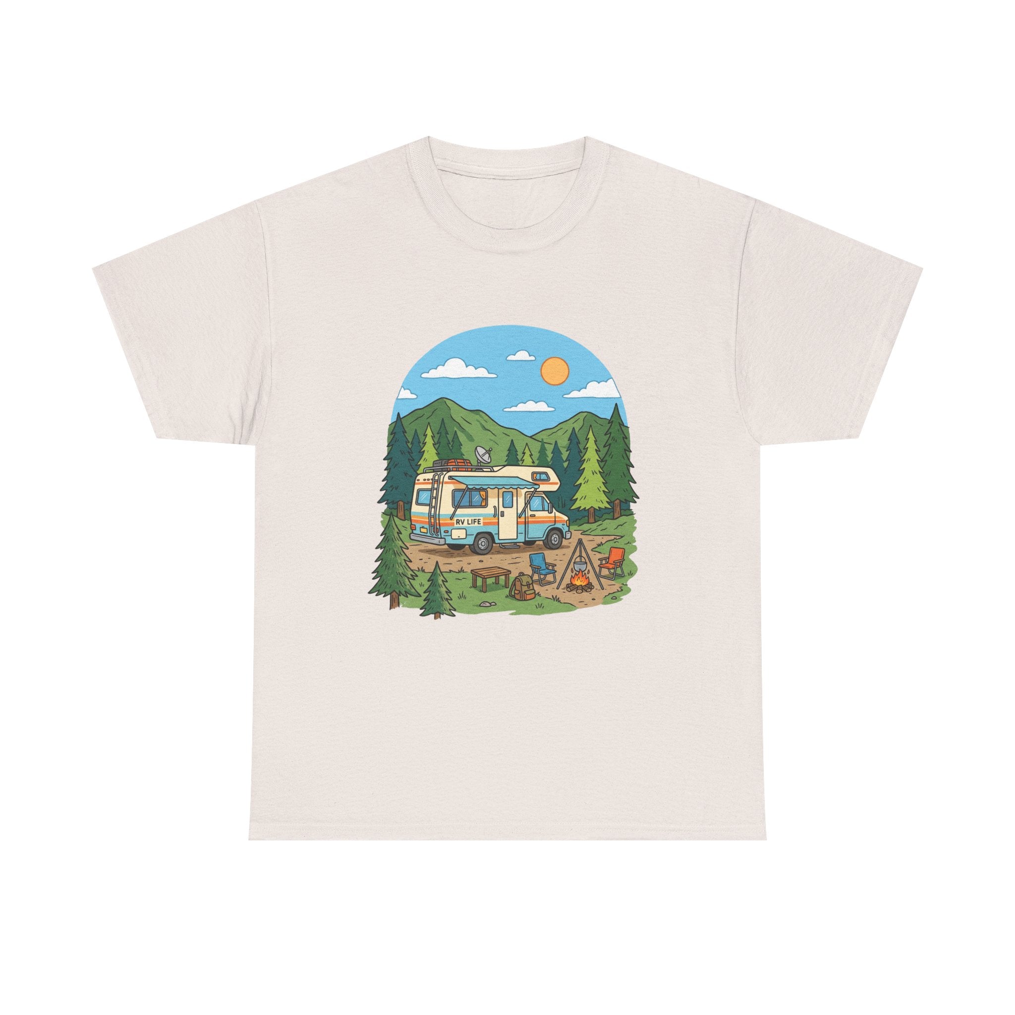 Camping Van Graphic Tee — Retro Camper Van & Campfire Outdoor Shirt