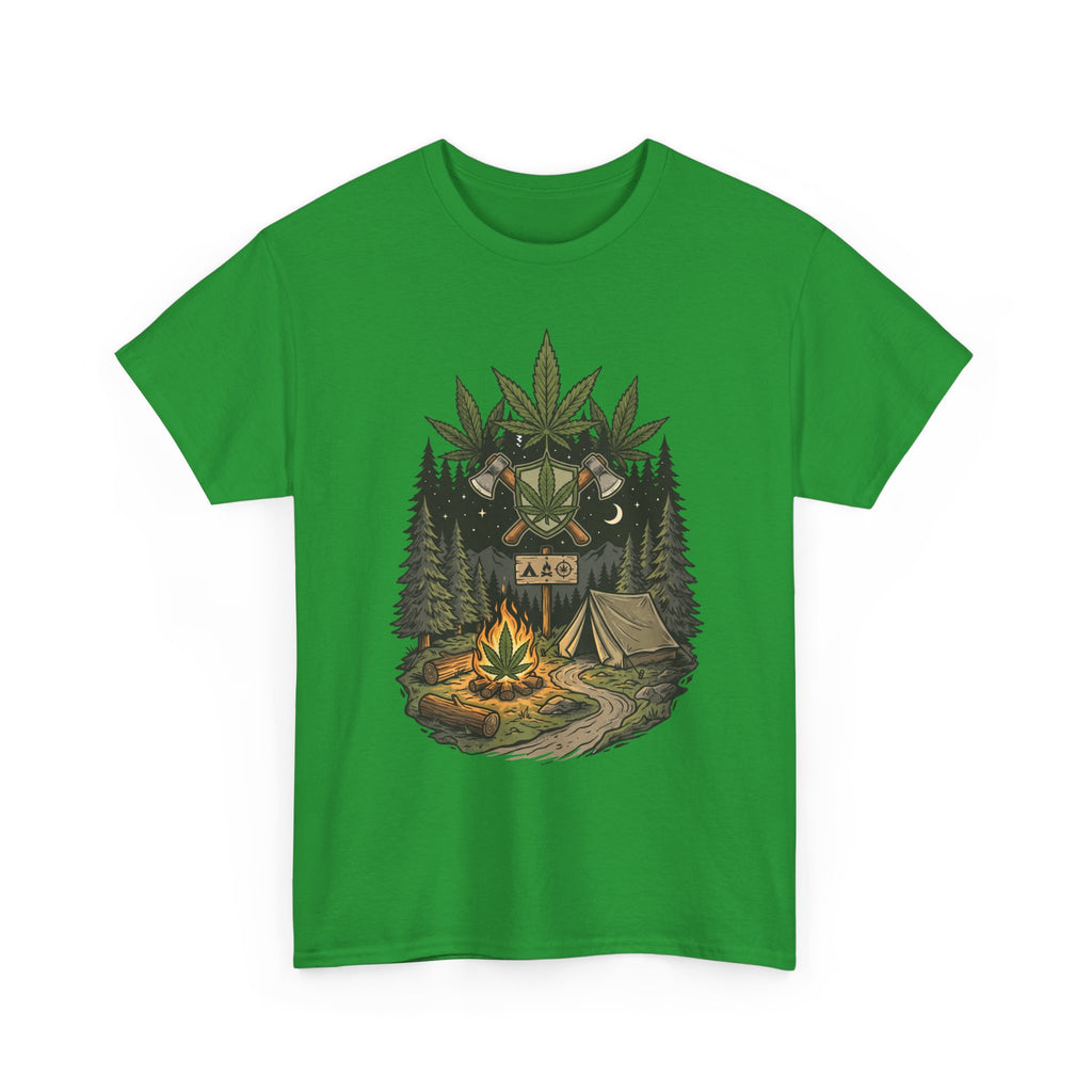 Camping Bear Graphic Tee — Forest Campfire & Leaf Emblem T-Shirt