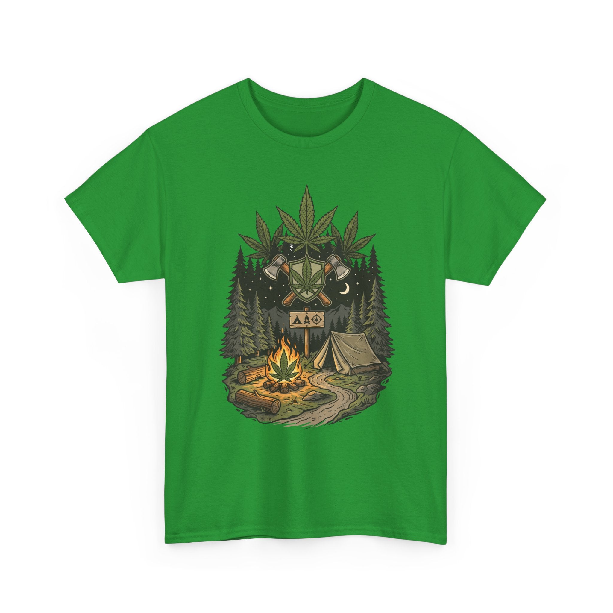 Camping Bear Graphic Tee — Forest Campfire & Leaf Emblem T-Shirt
