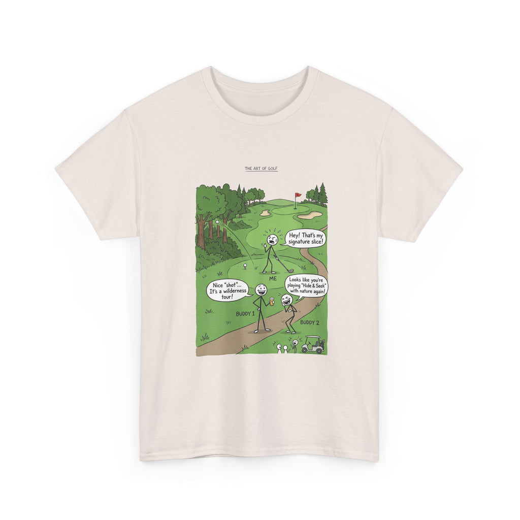 Golf Cartoons Graphic Tee — Funny Golf Humor T-Shirt ("Fore! That's a Mulligan, Dad")