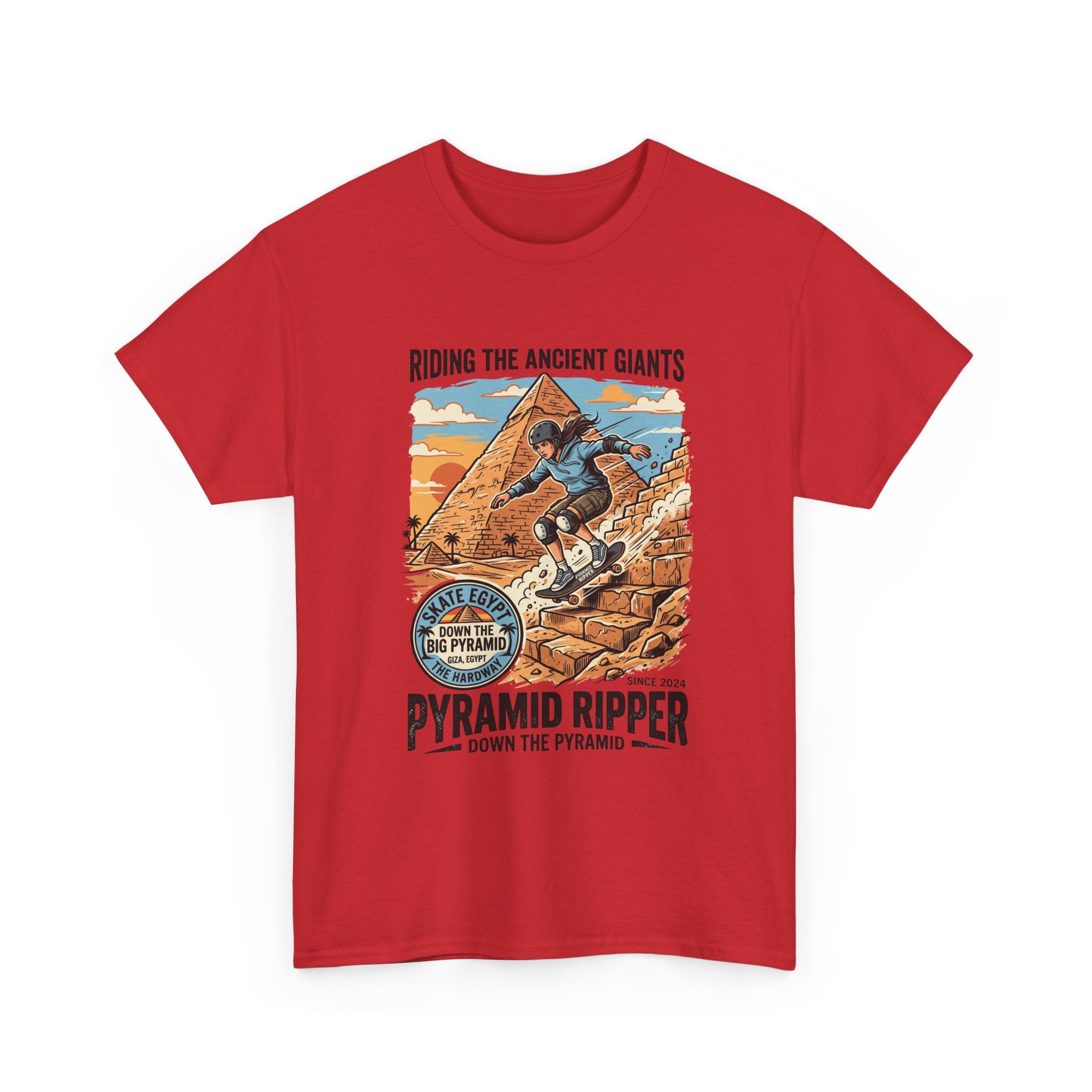 Pyramid Skateboarder T-Shirt — 'Riding the Ancient Giants' Vintage Surf Graphic