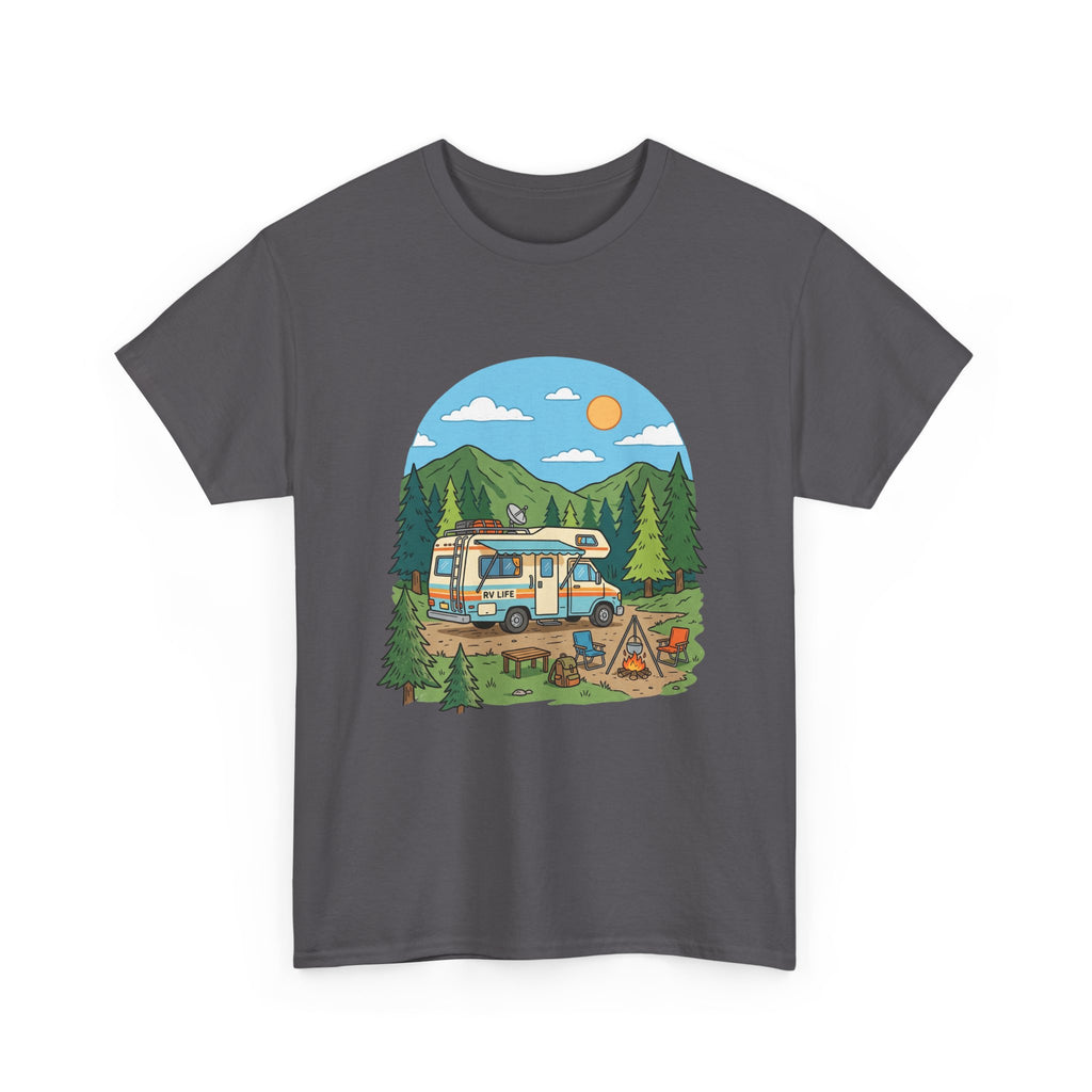 Camping Van Graphic Tee — Retro Camper Van & Campfire Outdoor Shirt